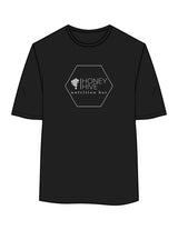 The Womens Oversized Tee - Black - Honey Hive NB - Center Chest Hexagon & Back Stacked - Printed - White