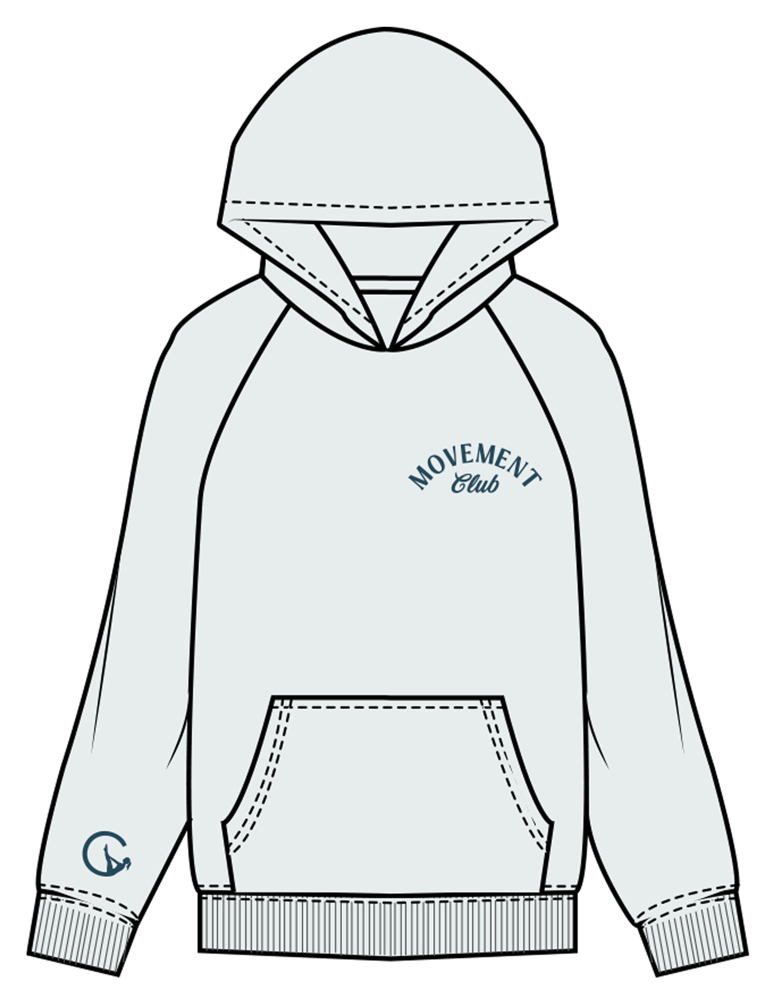 The Mens Hoodie - Seafoam - Movement With Chels - Left Chest Arc Stacked & Right Sleeve - Printed - Dark Blue