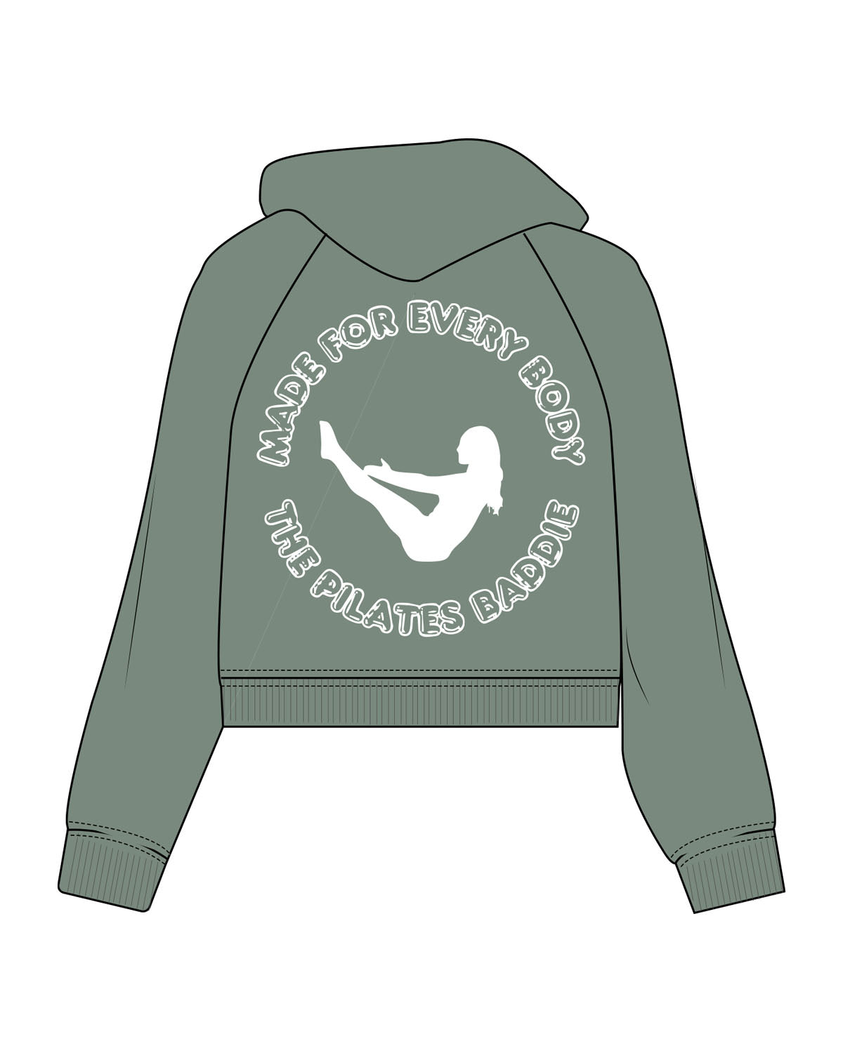 The Womens Lightweight Cropped Hoodie - Sage - Pilates Baddie - Center Chest Arc & Back Round - Printed - White