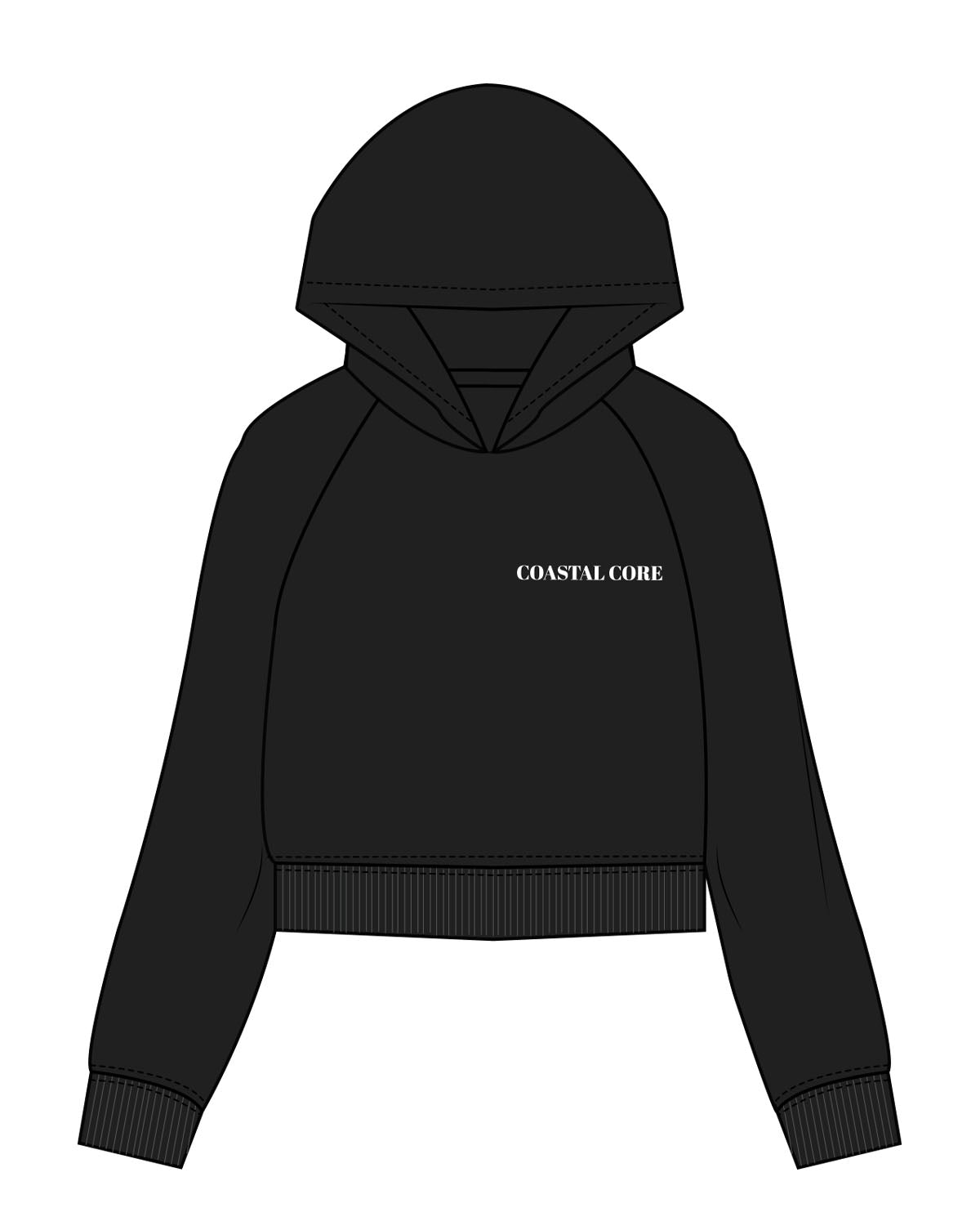 The Womens Crop Hoodie - Black - Coastal Core - Left Chest - White