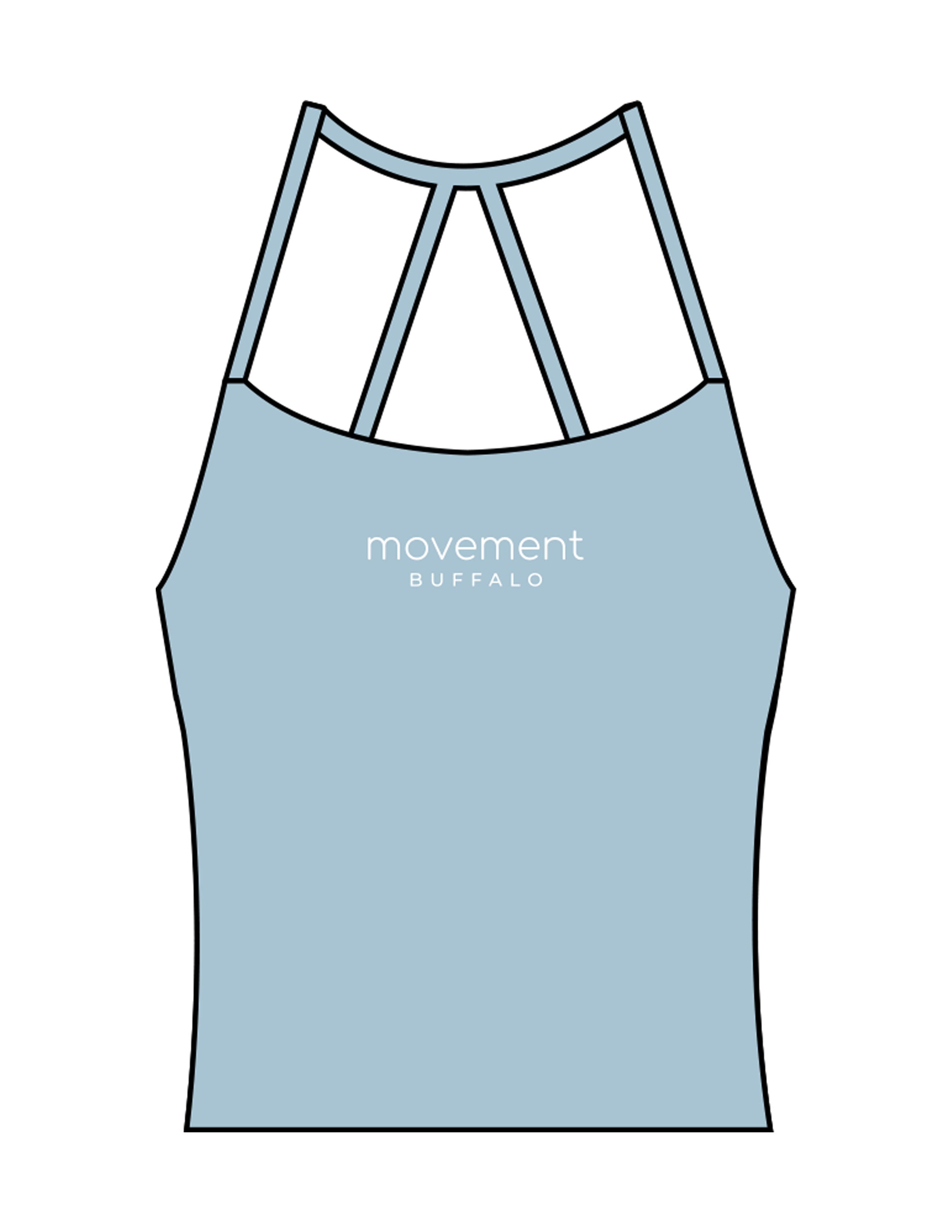 The Womens Sporty Tank - Blue - Movement Pilates Buffalo - Center Chest Stacked - Printed - White