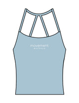The Womens Sporty Tank - Blue - Movement Pilates Buffalo - Center Chest Stacked - Printed - White