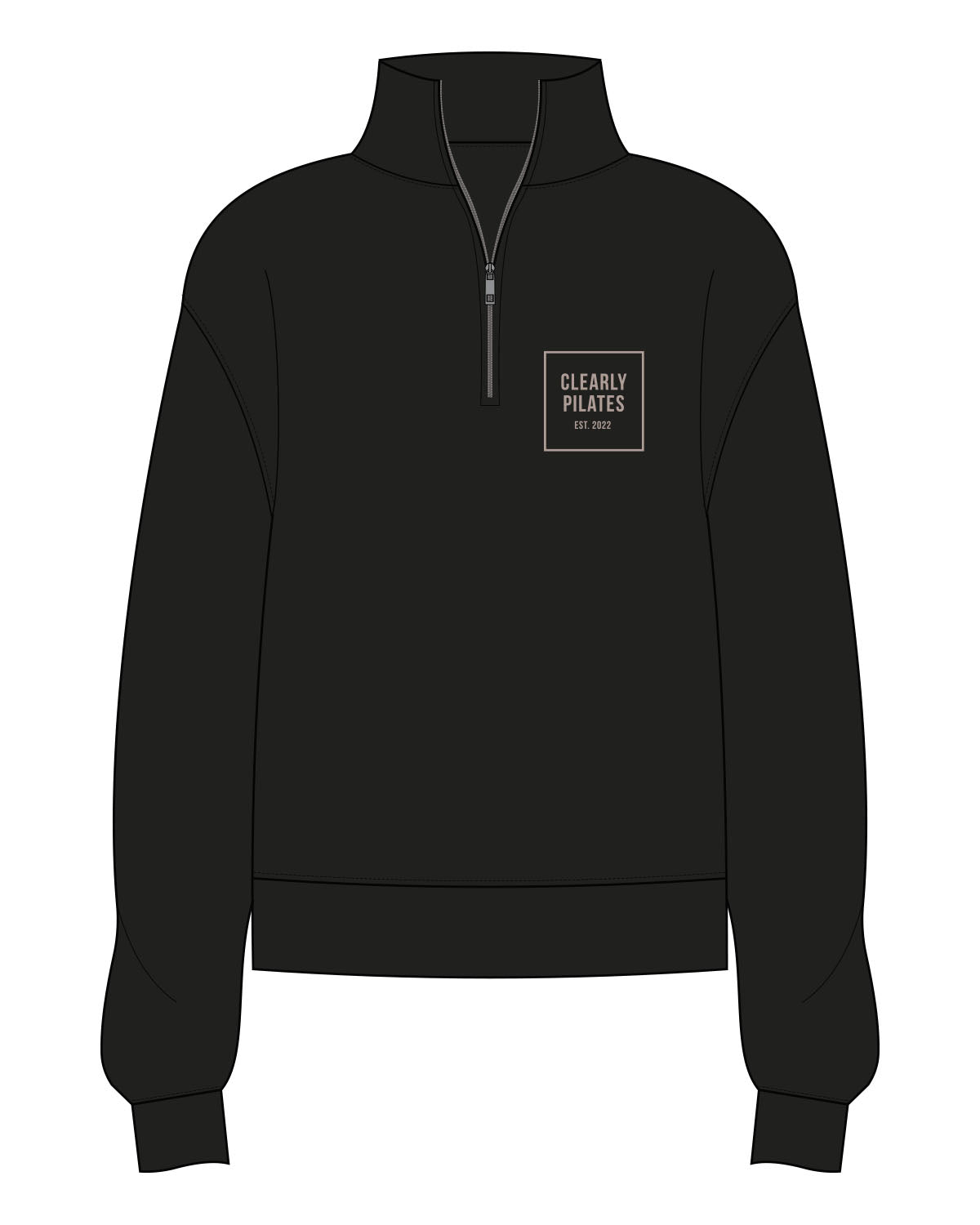 The Womens 1/4 Zip - Black - Clearly Pilates - Left Chest Boxed Stacked Text - Printed - Bone