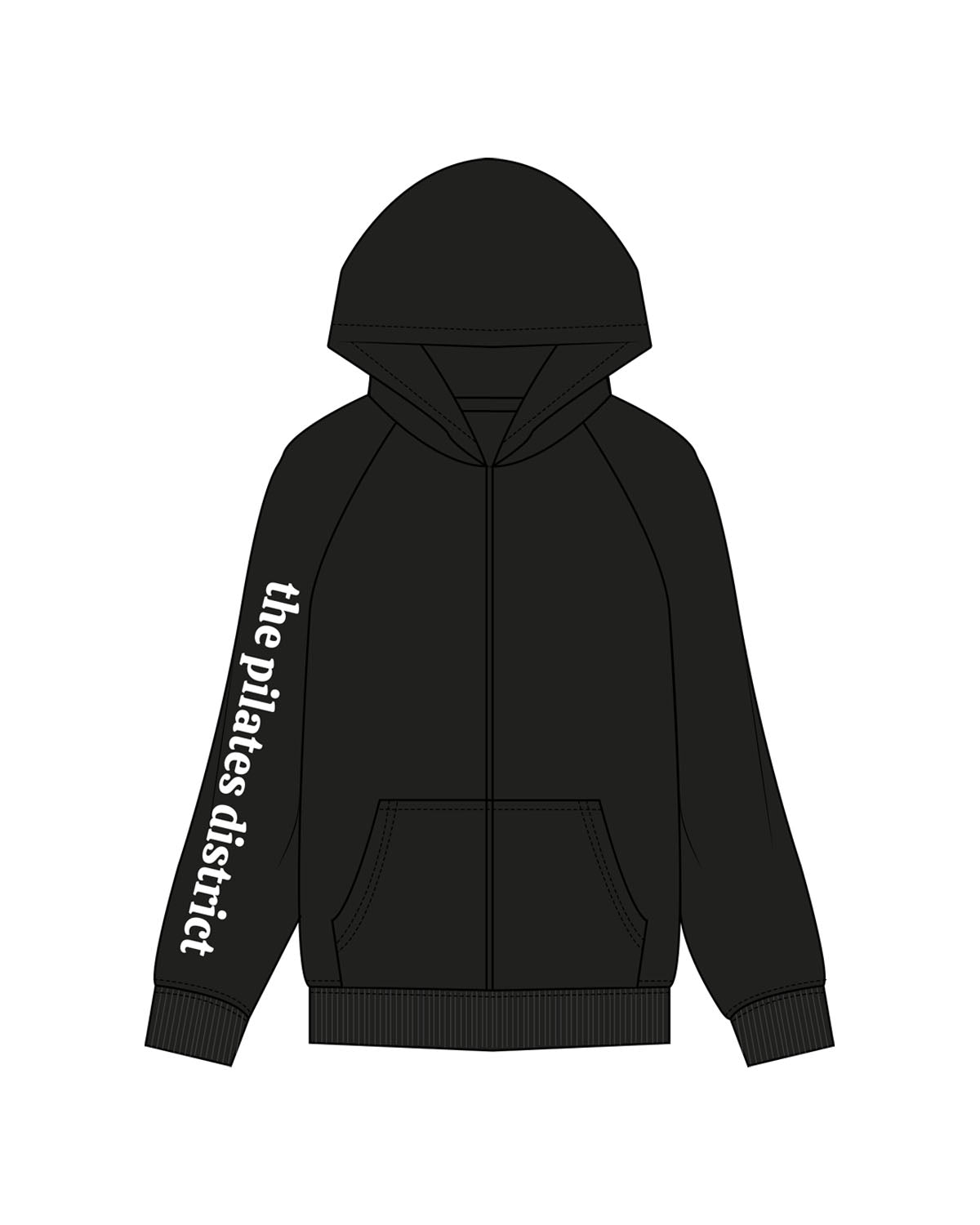 The Womens Zip Hoodie - Black - THE PILATES DISTRICT - Right Sleeve - Printed - White