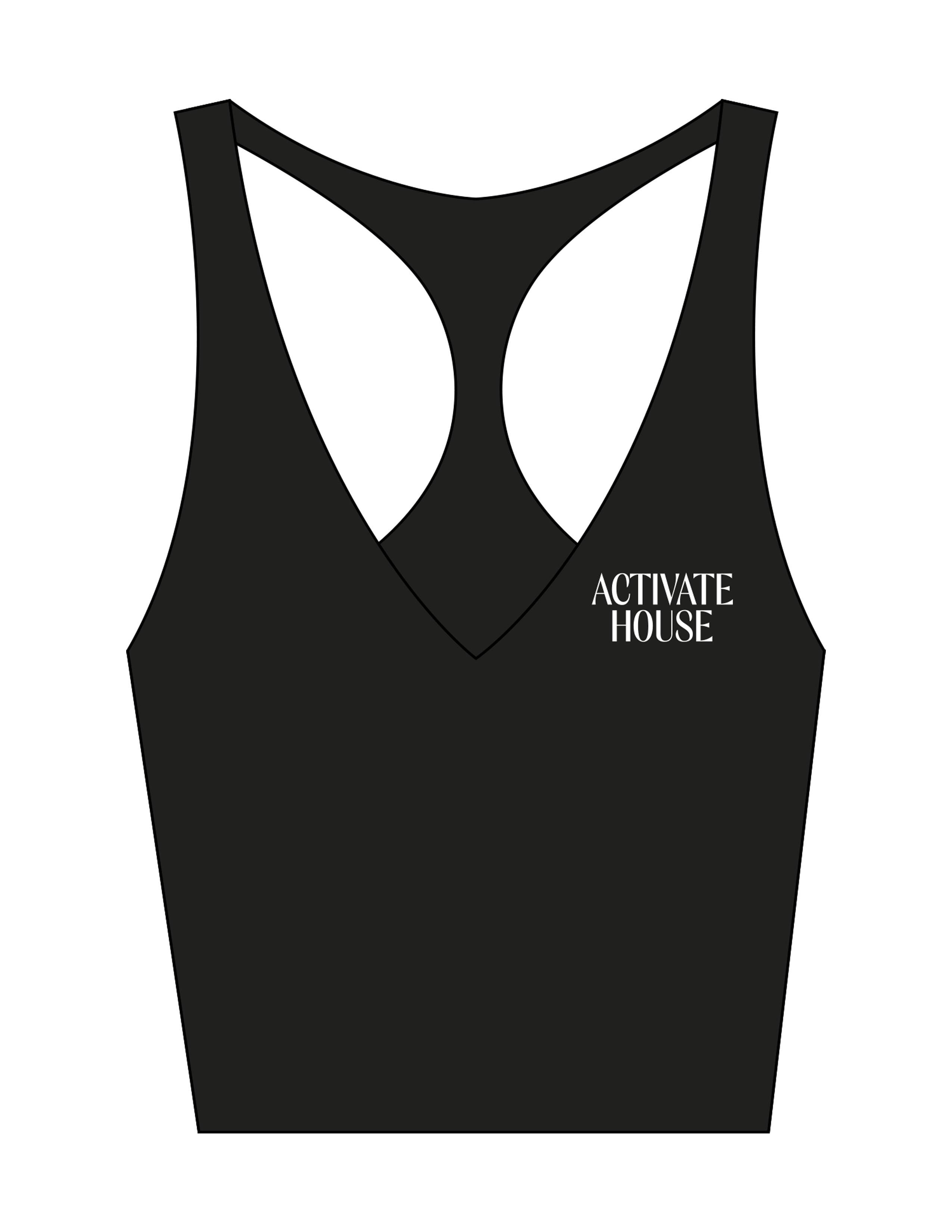 The Racer Tank - Black - Activate House - Left Chest Stacked & Center Back - Printed - White
