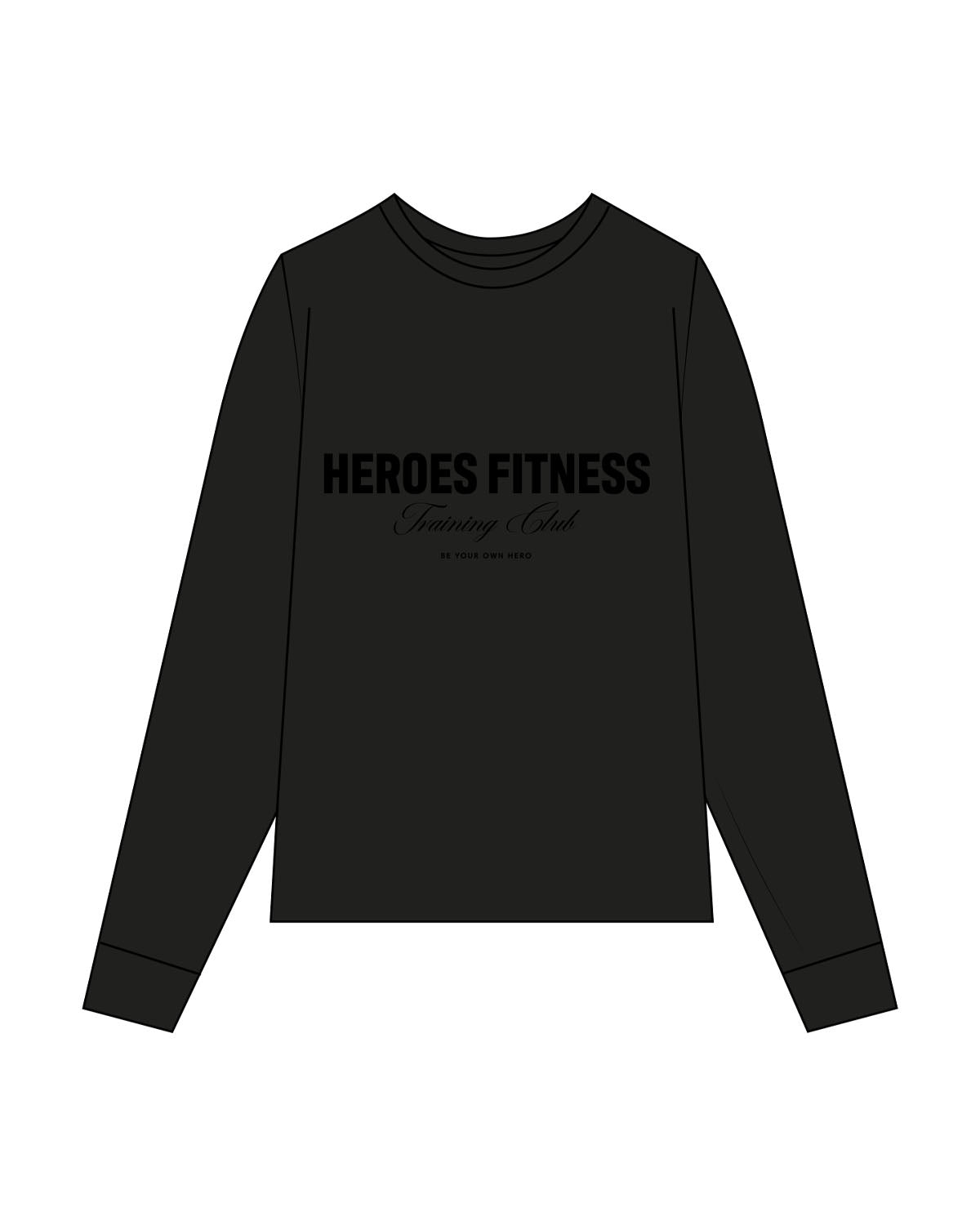 The Mens Heavyweight Long Sleeve - Black - Heroes Fitness - Center Chest Stacked - Printed - Tone on Tone