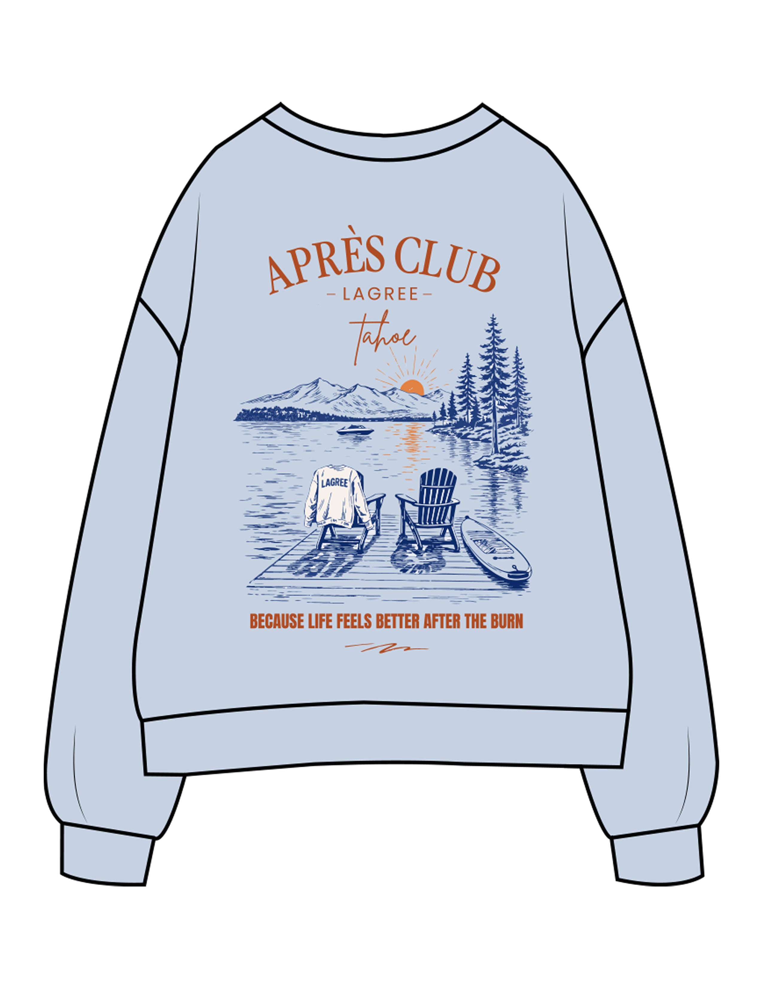 The Womens Crewneck - Powder - Lagree Tahoe - Left Chest Stacked & Back Illustration - Printed - Full Color