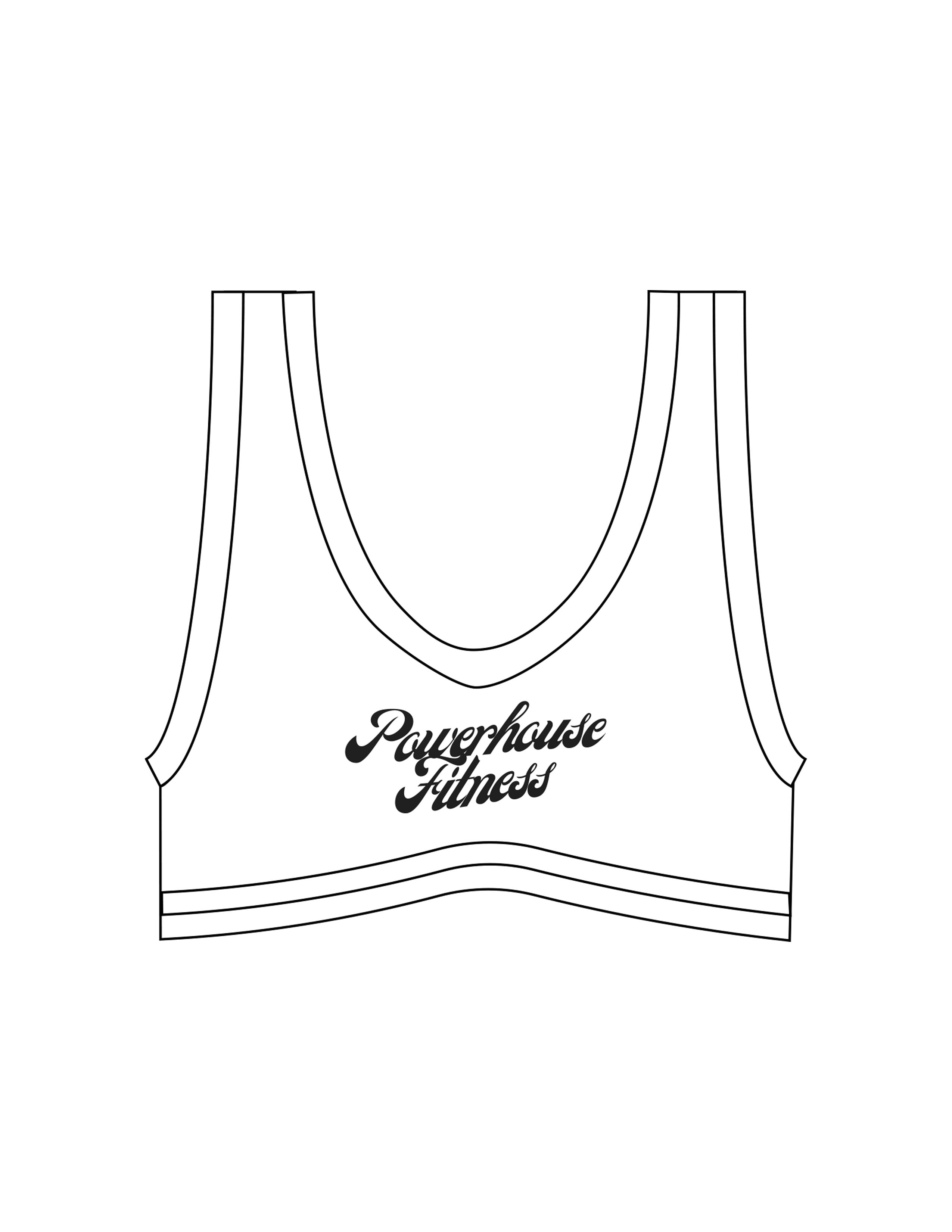 The Piped Bra - White - Powerhouse Fitness - Center Chest Stacked - Printed - Black