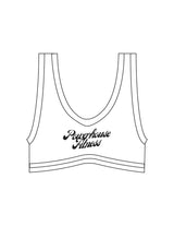 The Piped Bra - White - Powerhouse Fitness - Center Chest Stacked - Printed - Black