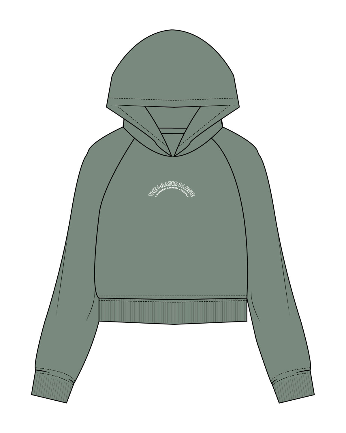 The Womens Lightweight Cropped Hoodie - Sage - Pilates Baddie - Center Chest Arc & Back Round - Printed - White