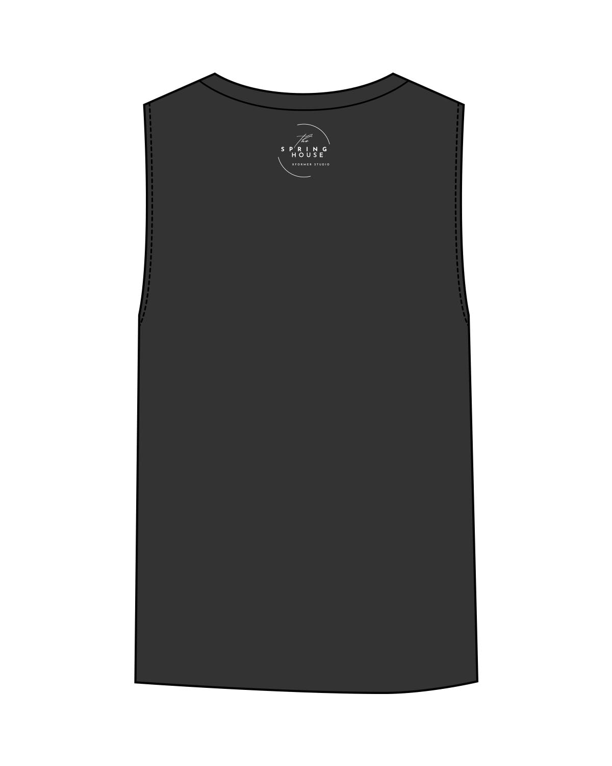 The Womens Heavyweight Tank - Washed Black - Spring House - Chest Stacked - Back Neckline - Printed - White