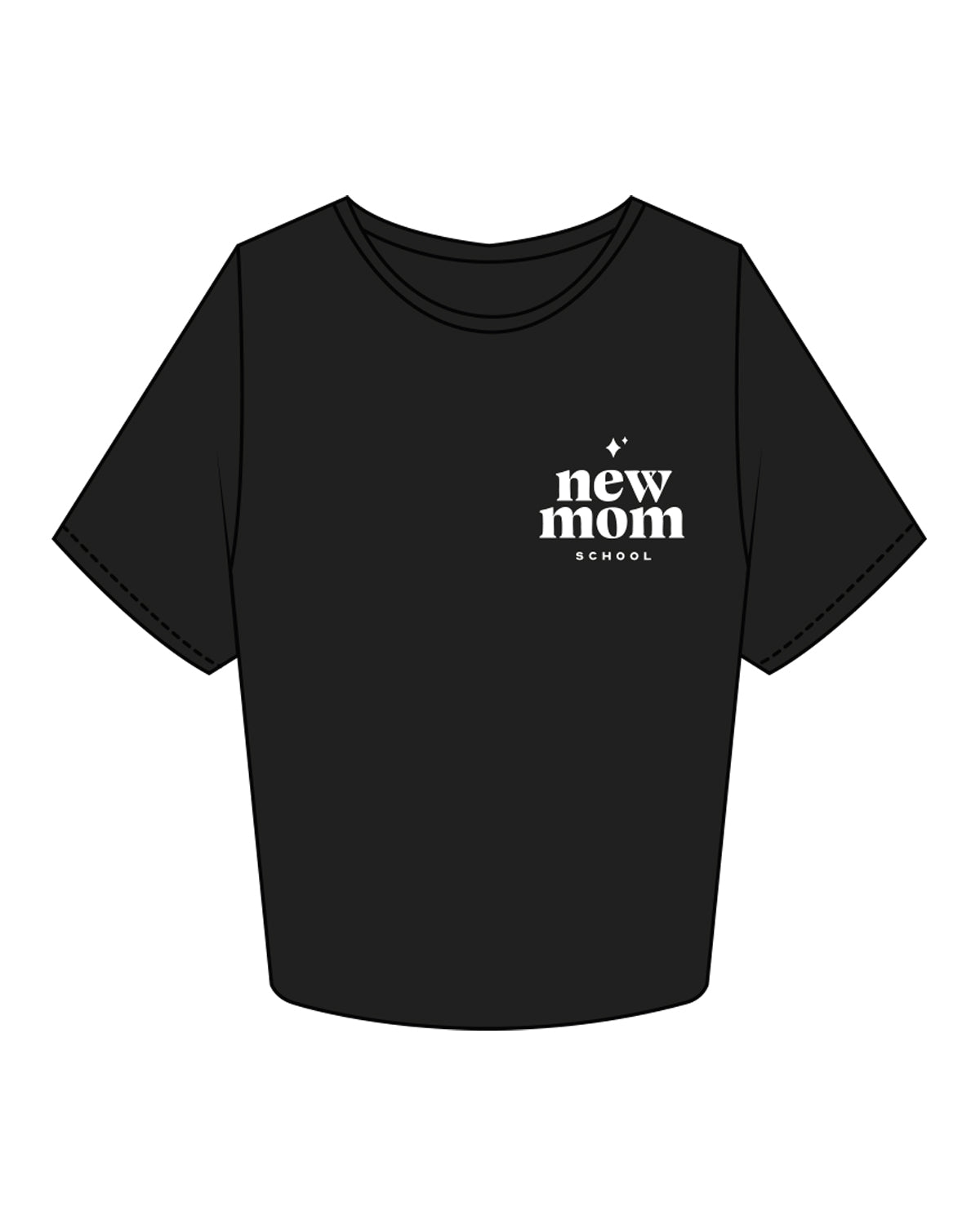 The Crop Tee - Black - New Mom School - Left Chest Stacked - White