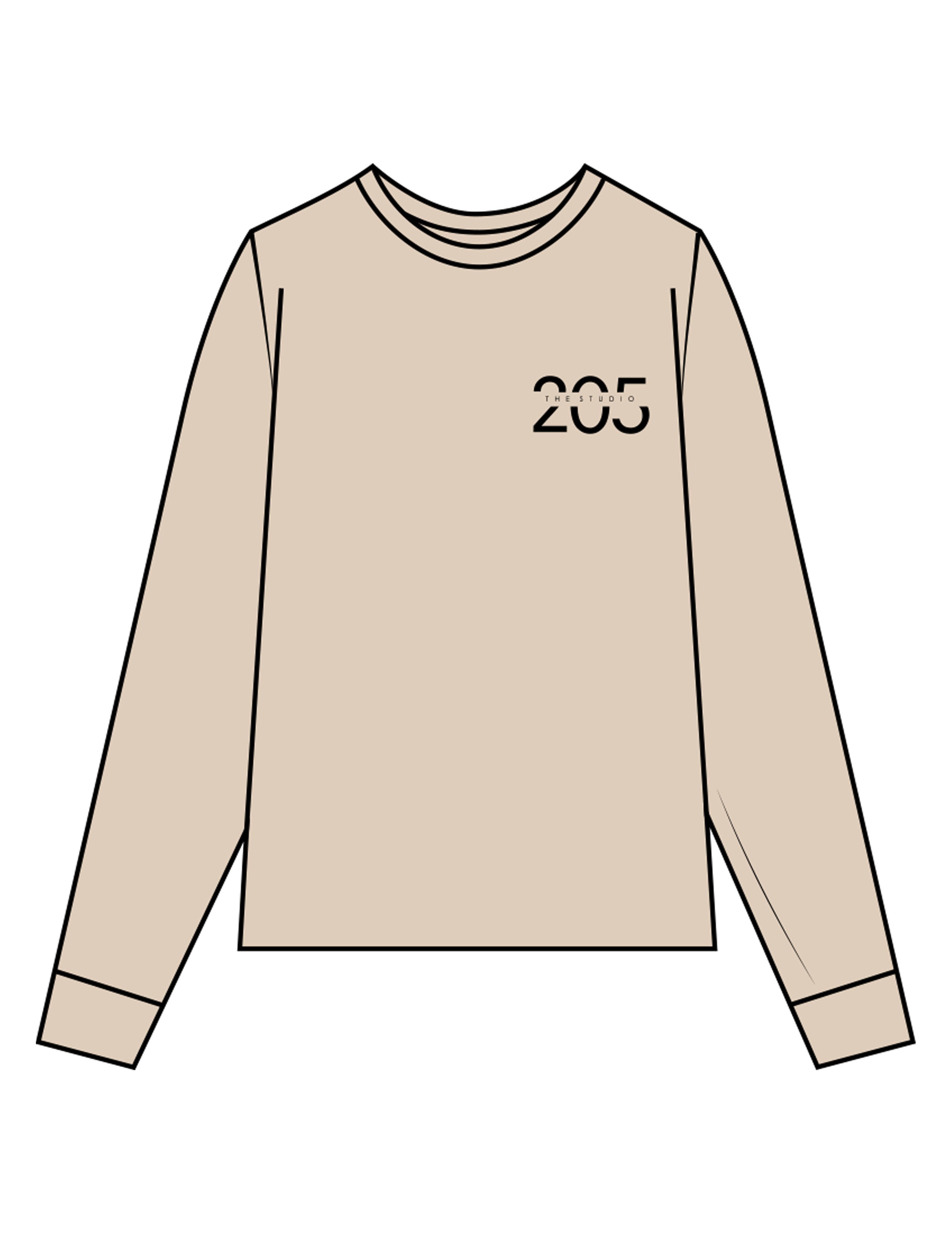 The Mens Heavyweight Long Sleeve - Washed Khaki - Studio 205 - Left Chest "205" & Back Stacked - Printed - Black