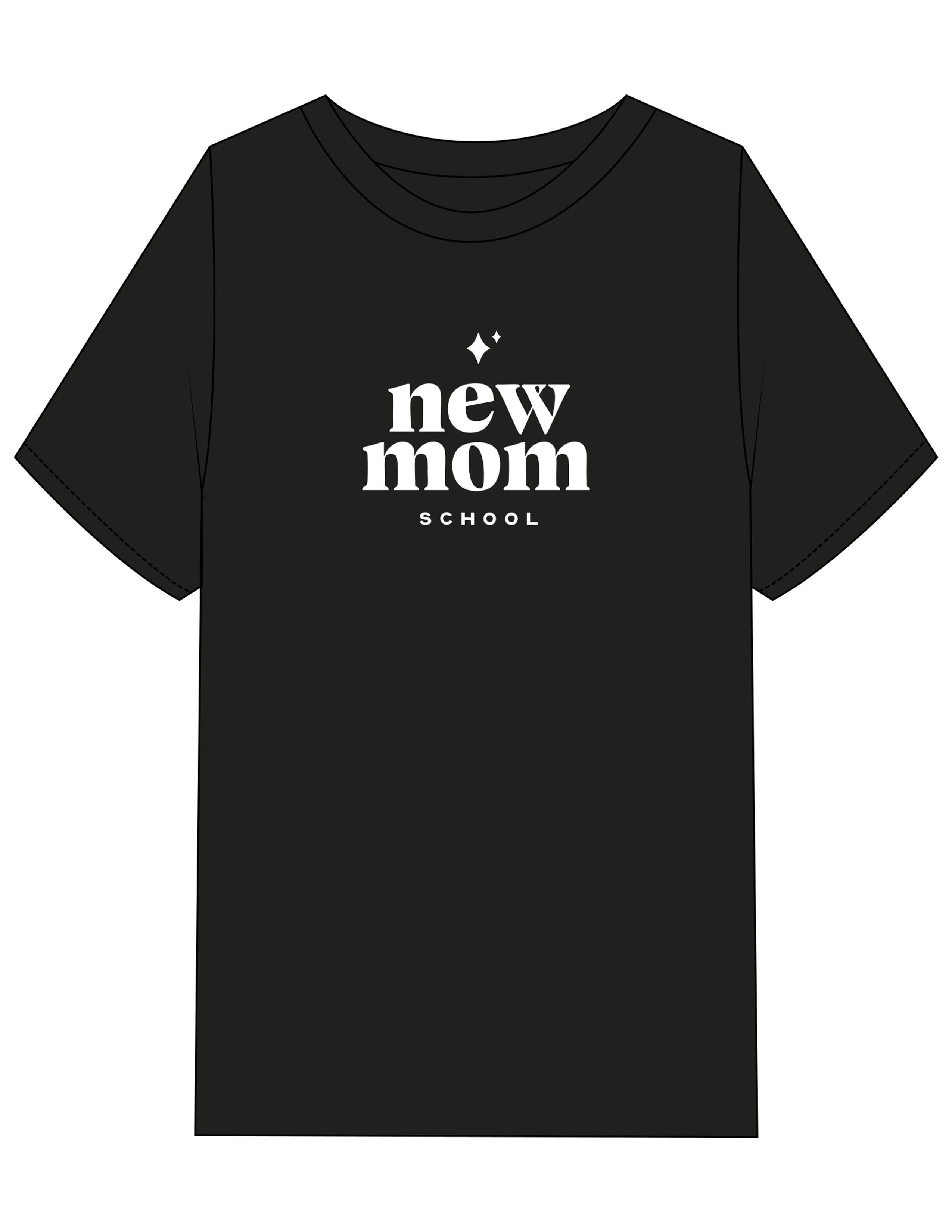 The Womens Heavyweight Tee - Black - New Mom School - Center Chest Stacked - Printed - White
