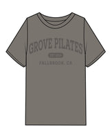 The Womens Heavyweight Tee - Washed Gray - Grove Pilates - Center Chest Stacked & Back Neckline - Tone on Tone