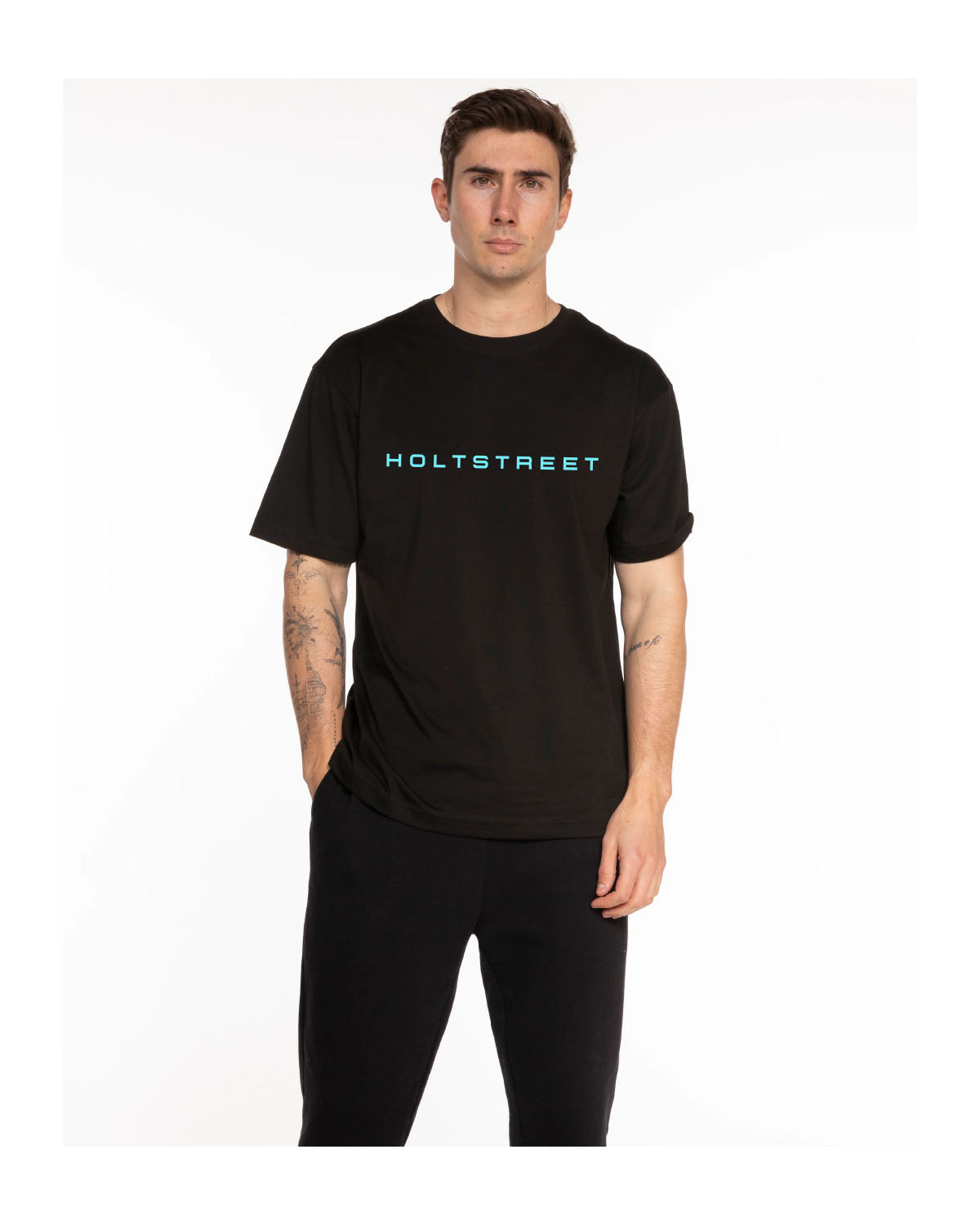 The Supima Short Sleeve - Black - Holt Street - Center Chest - Printed - Tiffany Blue