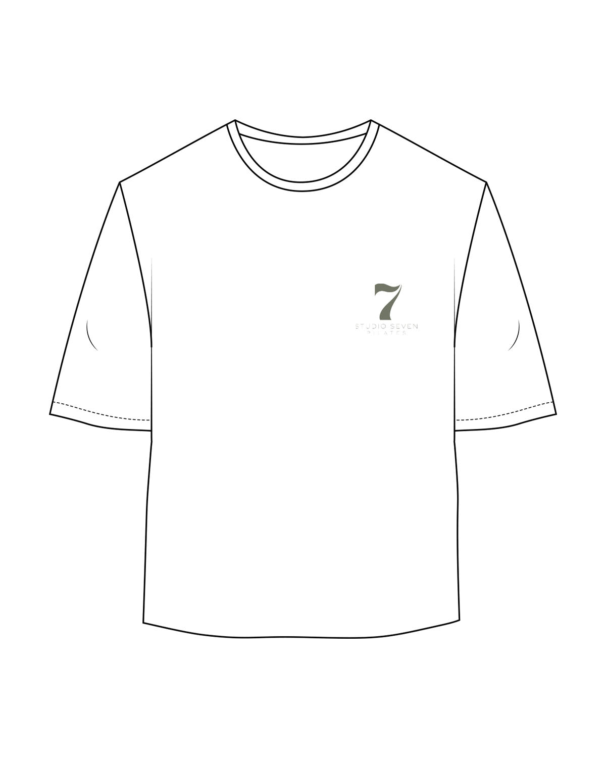 The Oversized Crop Tee - White - STUDIO 7 - Left Chest - Printed - Dark Green #707564