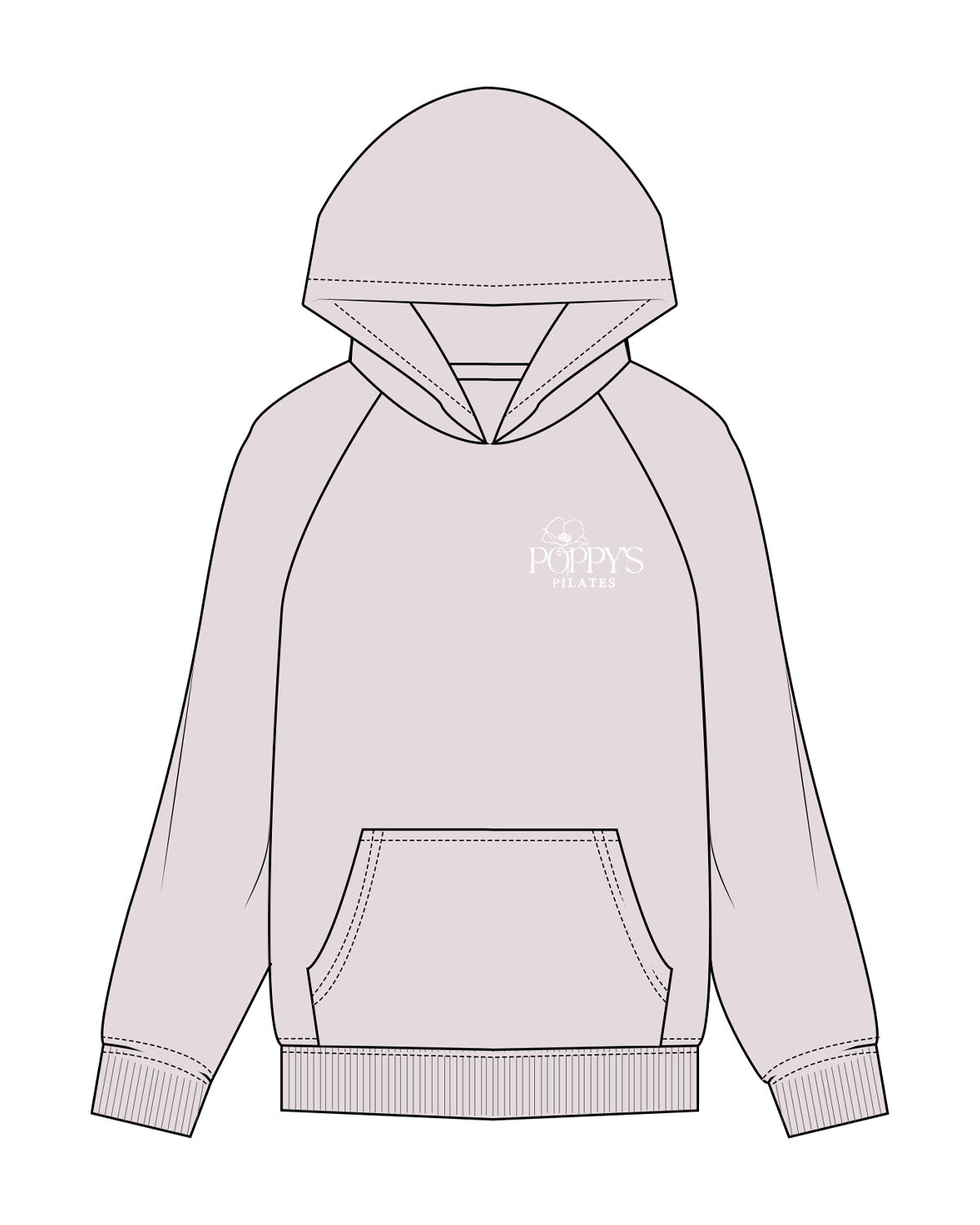 The Womens Hoodie - Orchid - Poppys Pilates - Left Chest Stacked Logo - Printed - White