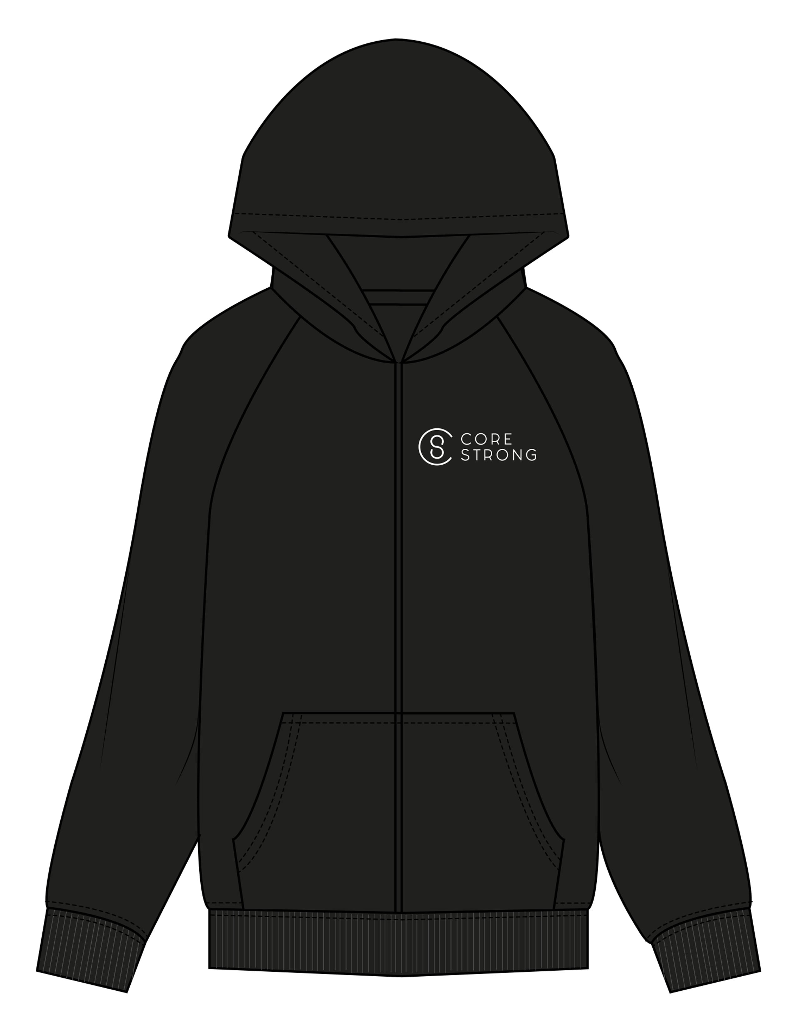 The Mens Zip Hoodie - Black - Core Strong - Left Chest Stacked - Printed - White