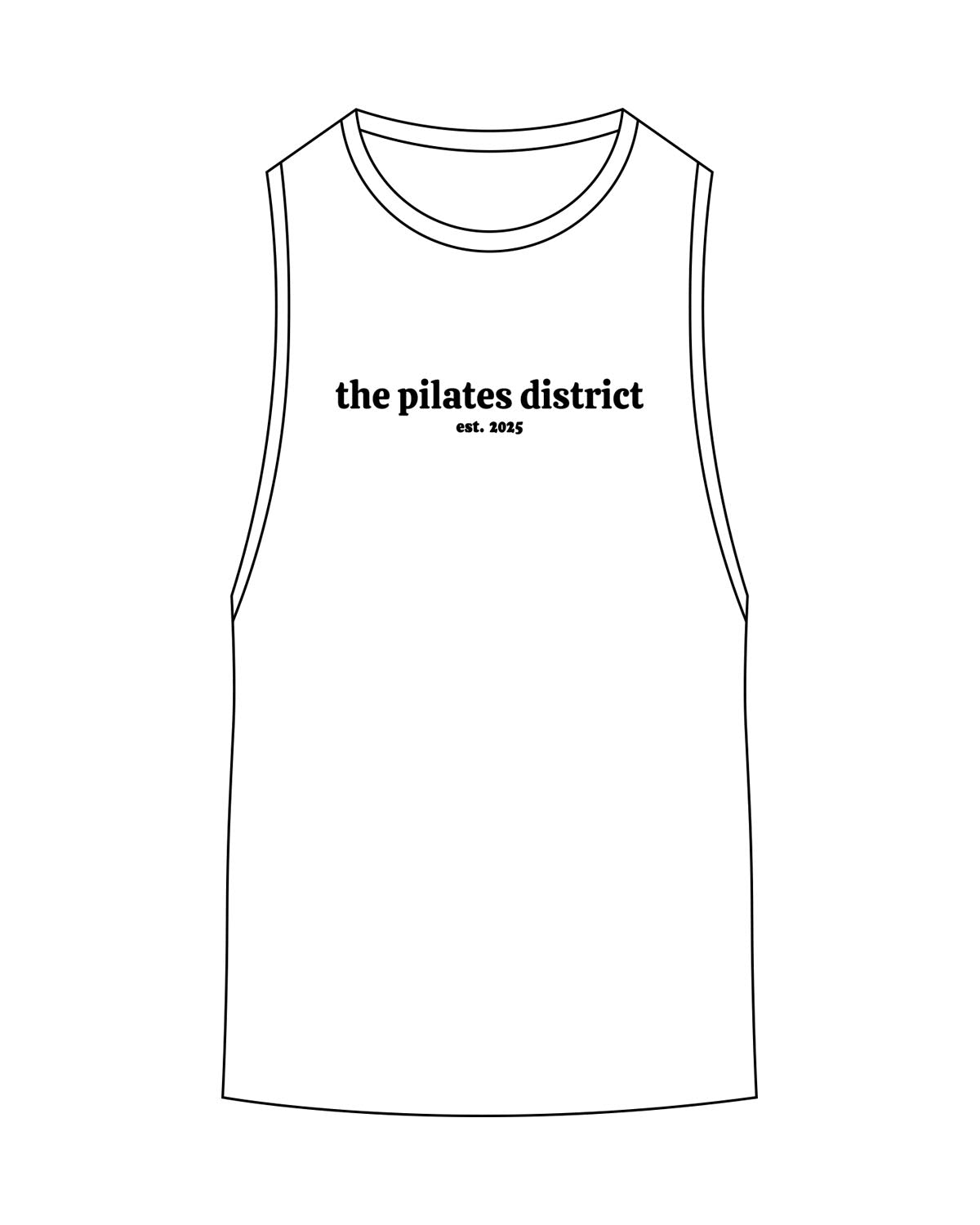 The Scoop Muscle Tank - White - THE PILATES DISTRICT - Center Chest Stacked - Printed - Black