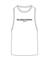 The Scoop Muscle Tank - White - THE PILATES DISTRICT - Center Chest Stacked - Printed - Black