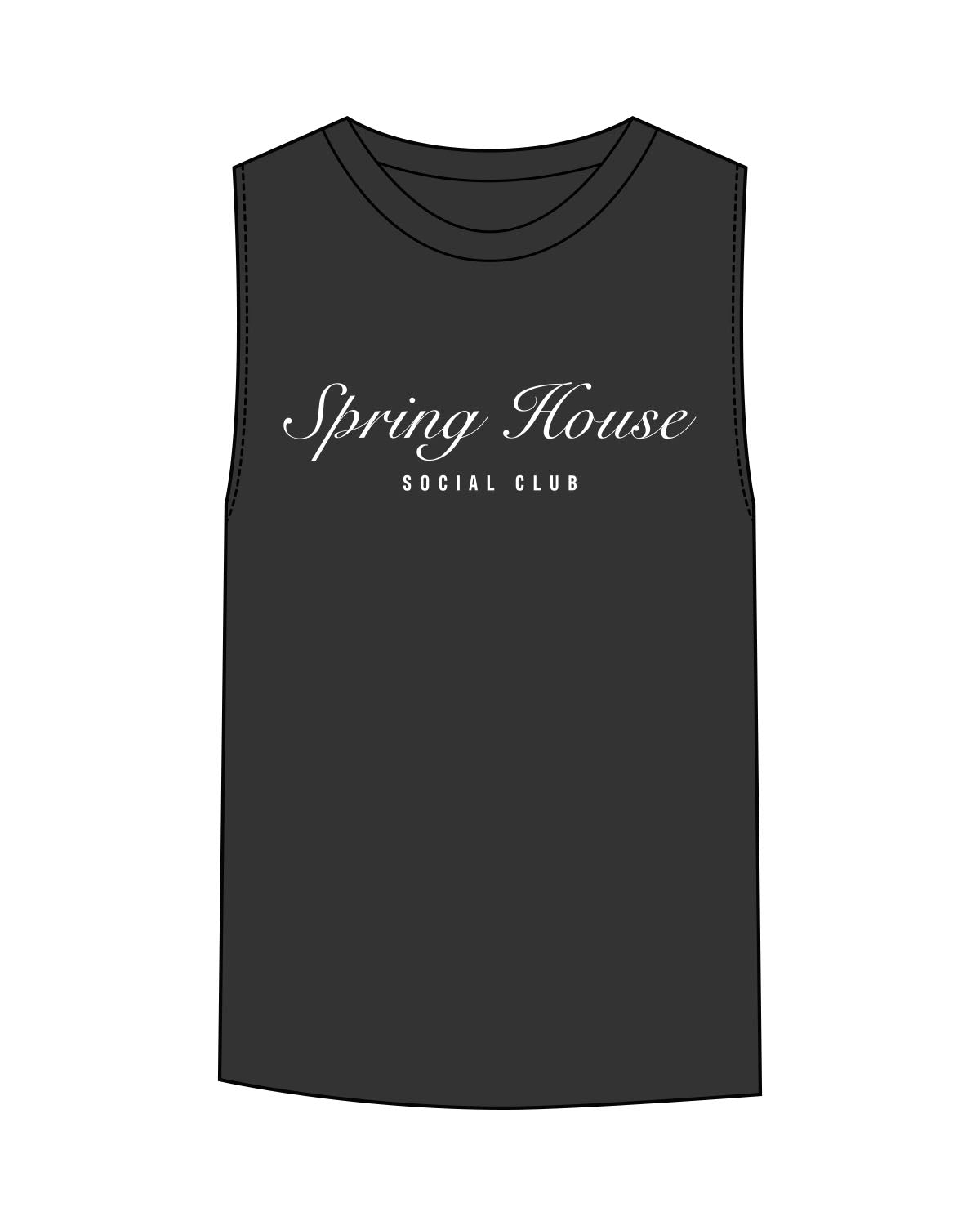 The Womens Heavyweight Tank - Washed Black - Spring House - Chest Stacked - Back Neckline - Printed - White