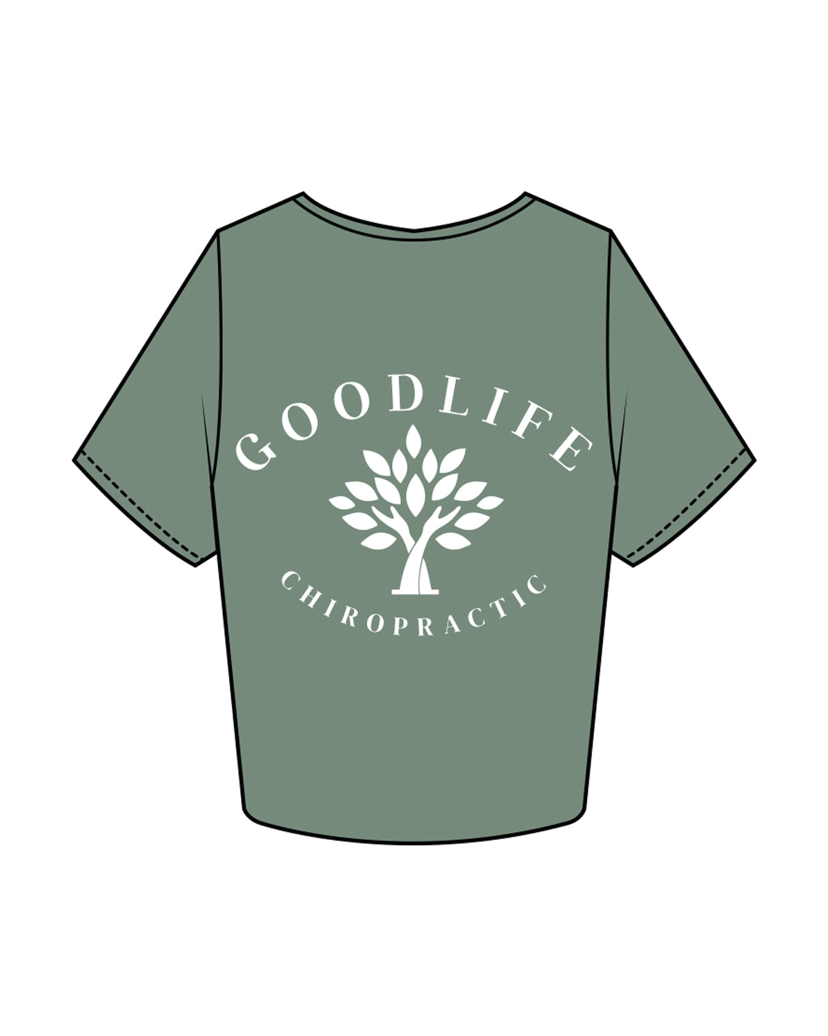 The Crop Tee - Sage - Goodlife Chiropractic - Left Chest & Center Back Stacked - White