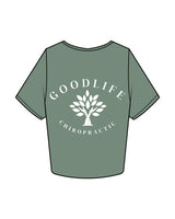The Crop Tee - Sage - Goodlife Chiropractic - Left Chest & Center Back Stacked - White