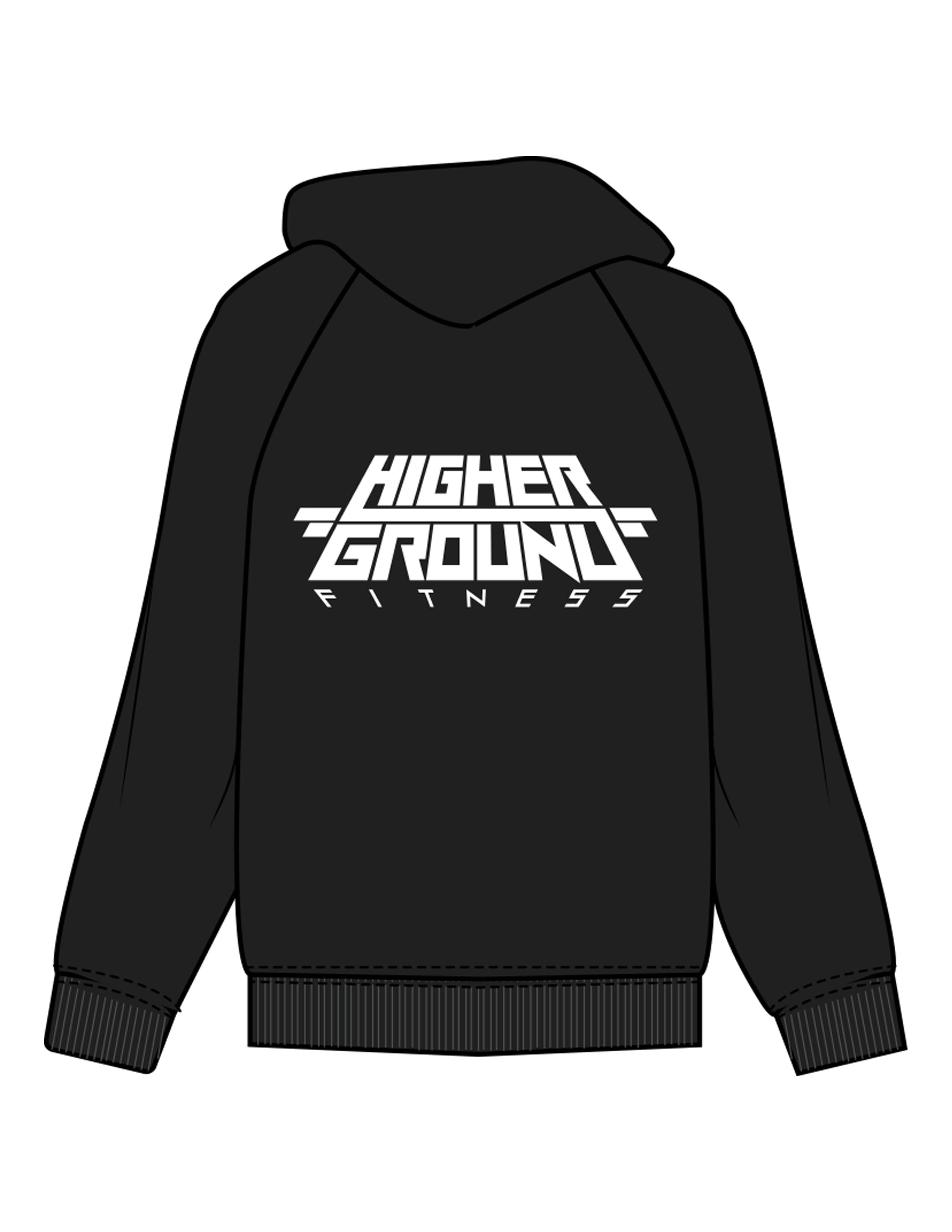 The Womens Zip Hoodie - Black - Higher Ground - Left Chest Cube Icon & Back Stacked - Printed - White