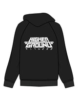 The Womens Zip Hoodie - Black - Higher Ground - Left Chest Cube Icon & Back Stacked - Printed - White