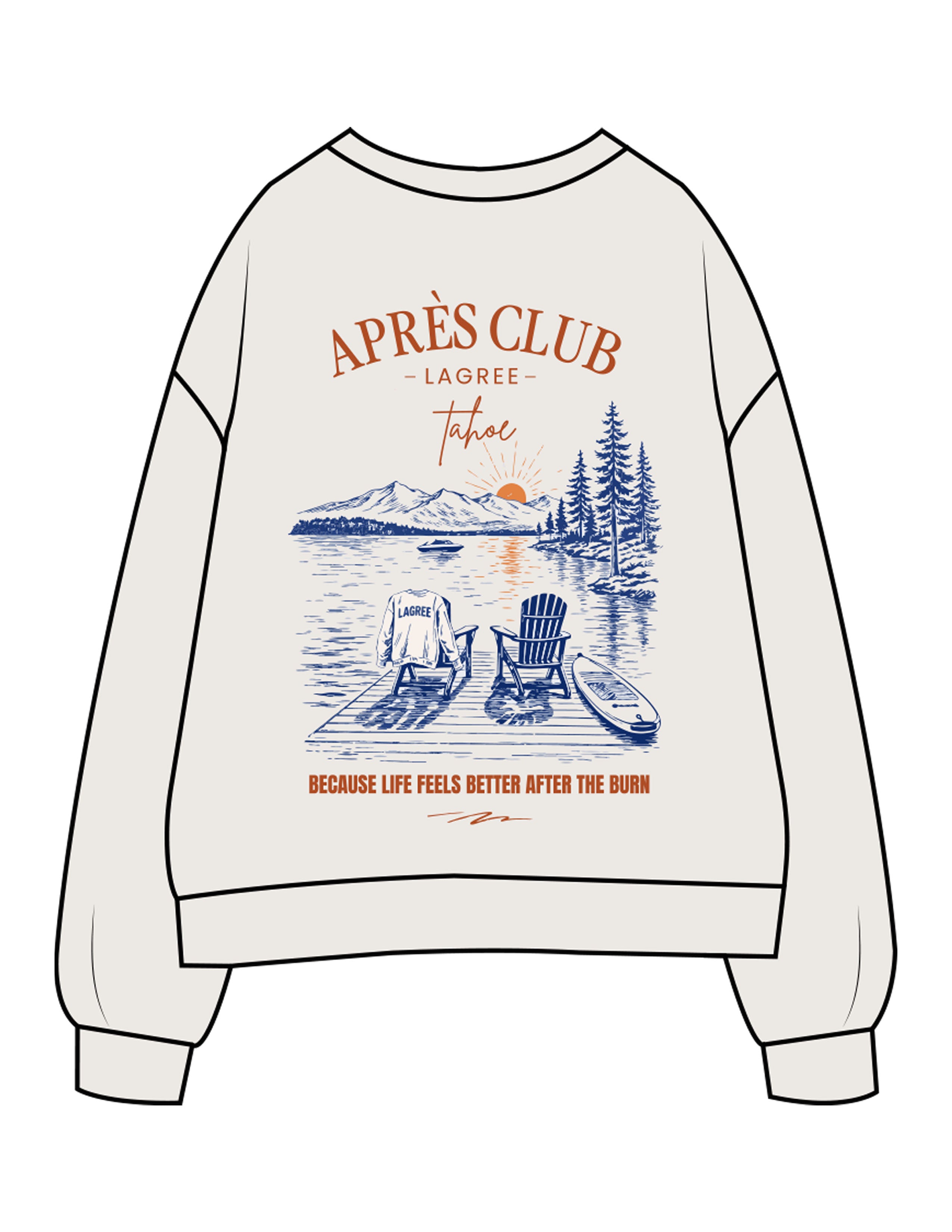 The Womens Crewneck - Bone - Lagree Tahoe - Left Chest Stacked & Back Illustration - Printed - Full Color