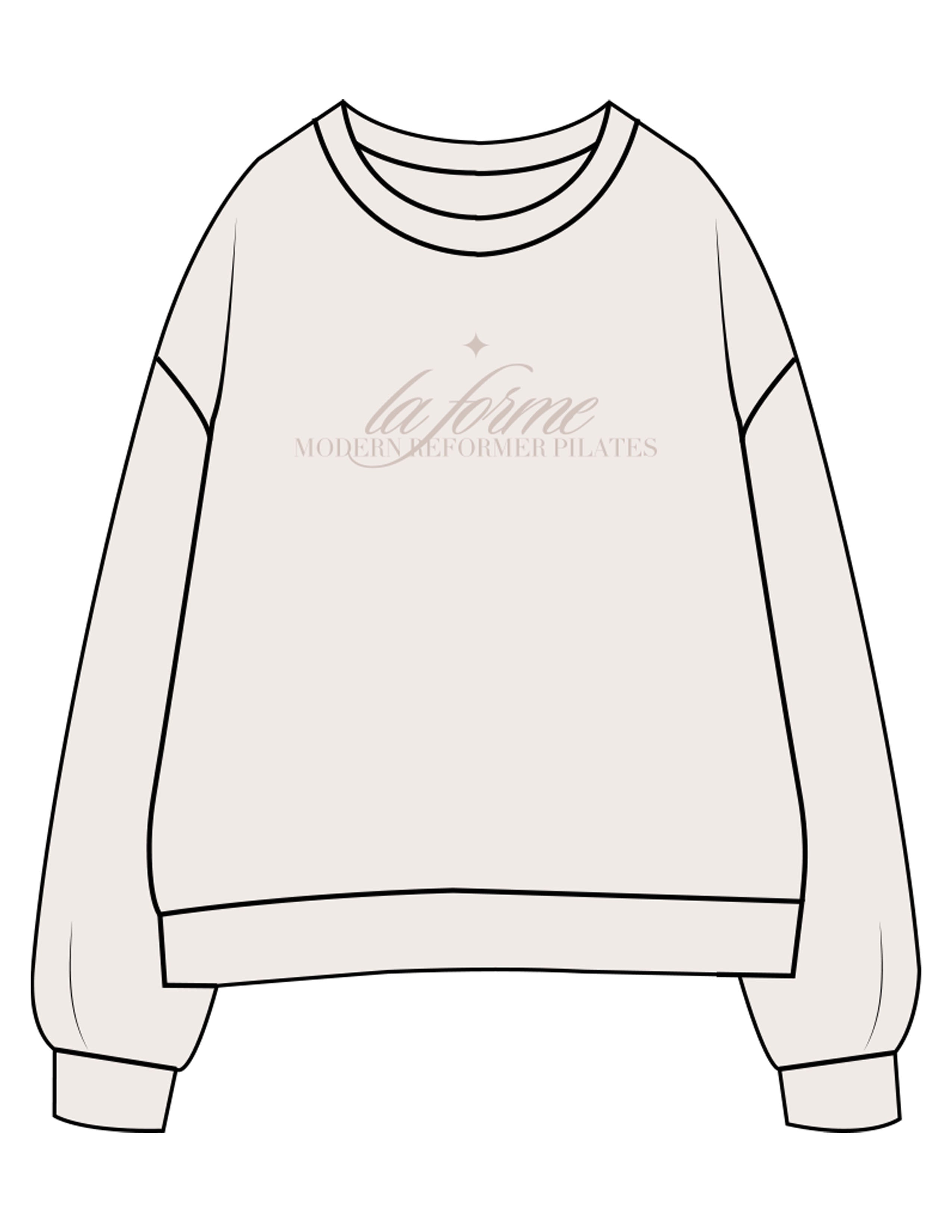 The Womens Crewneck - Bone - LA FORME PILATES - Center Chest Stacked - Printed - Tone on Tone