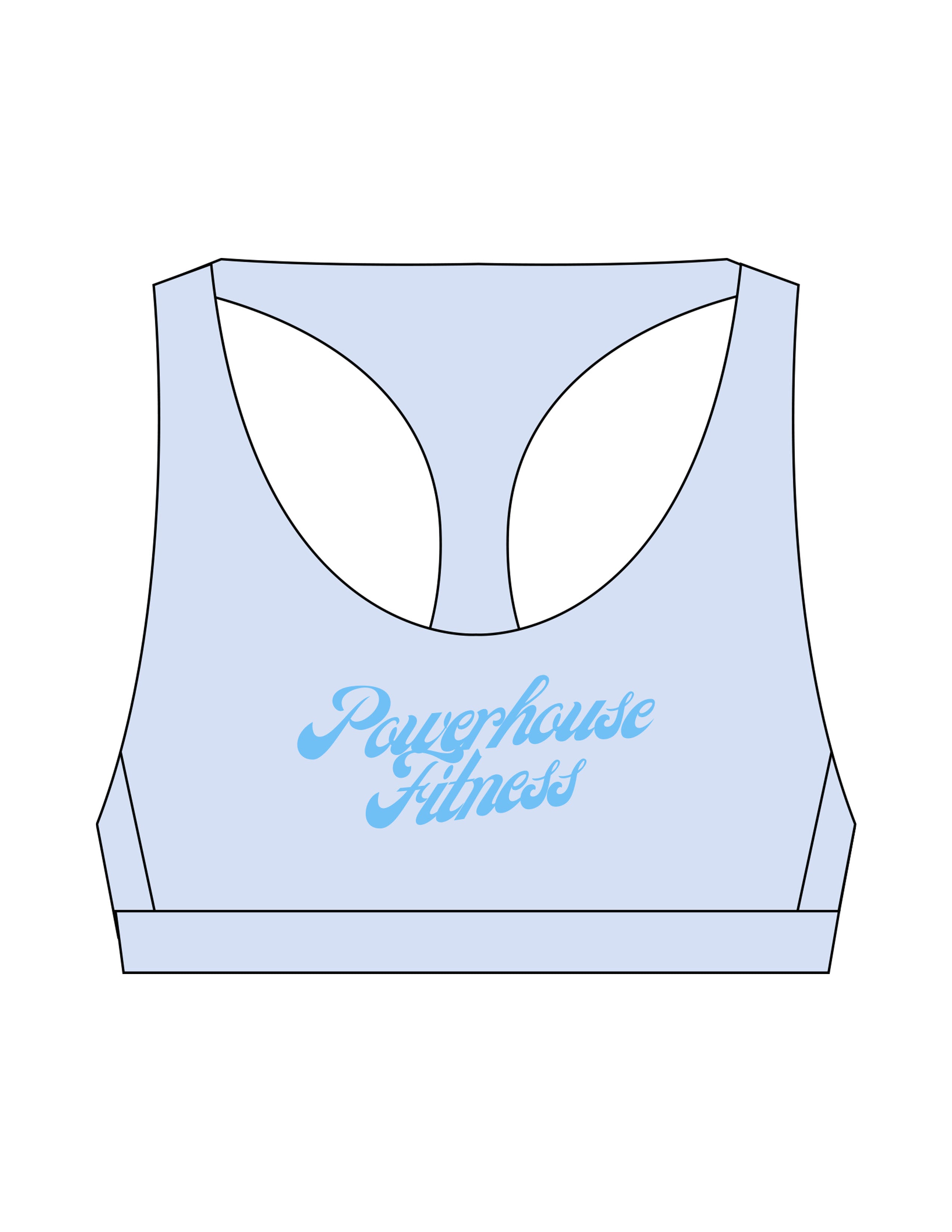 The Racer Bra - Mist - Powerhouse Fitness - Center Chest Stacked - Printed - Blue