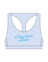 The Racer Bra - Mist - Powerhouse Fitness - Center Chest Stacked - Printed - Blue