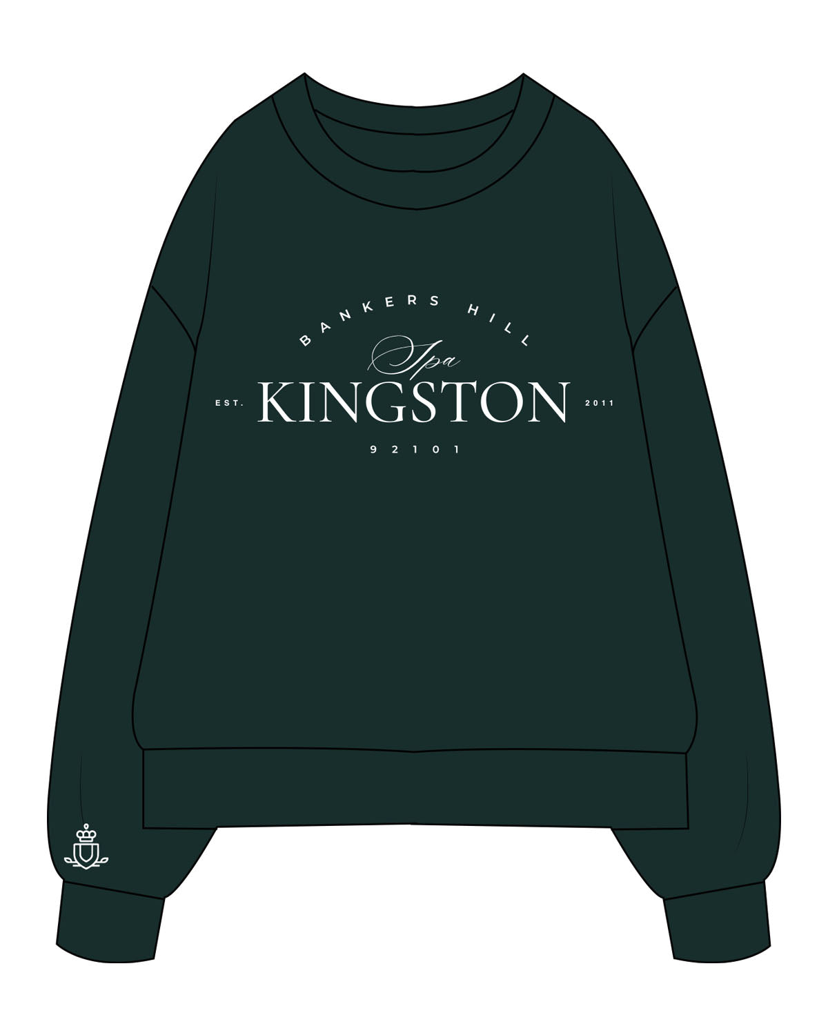 The Mens Heavyweight Crewneck - Pine Green - Spa Kingston - Chest Stacked & Right Wrist - Printed - White