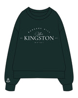 The Mens Heavyweight Crewneck - Pine Green - Spa Kingston - Chest Stacked & Right Wrist - Printed - White