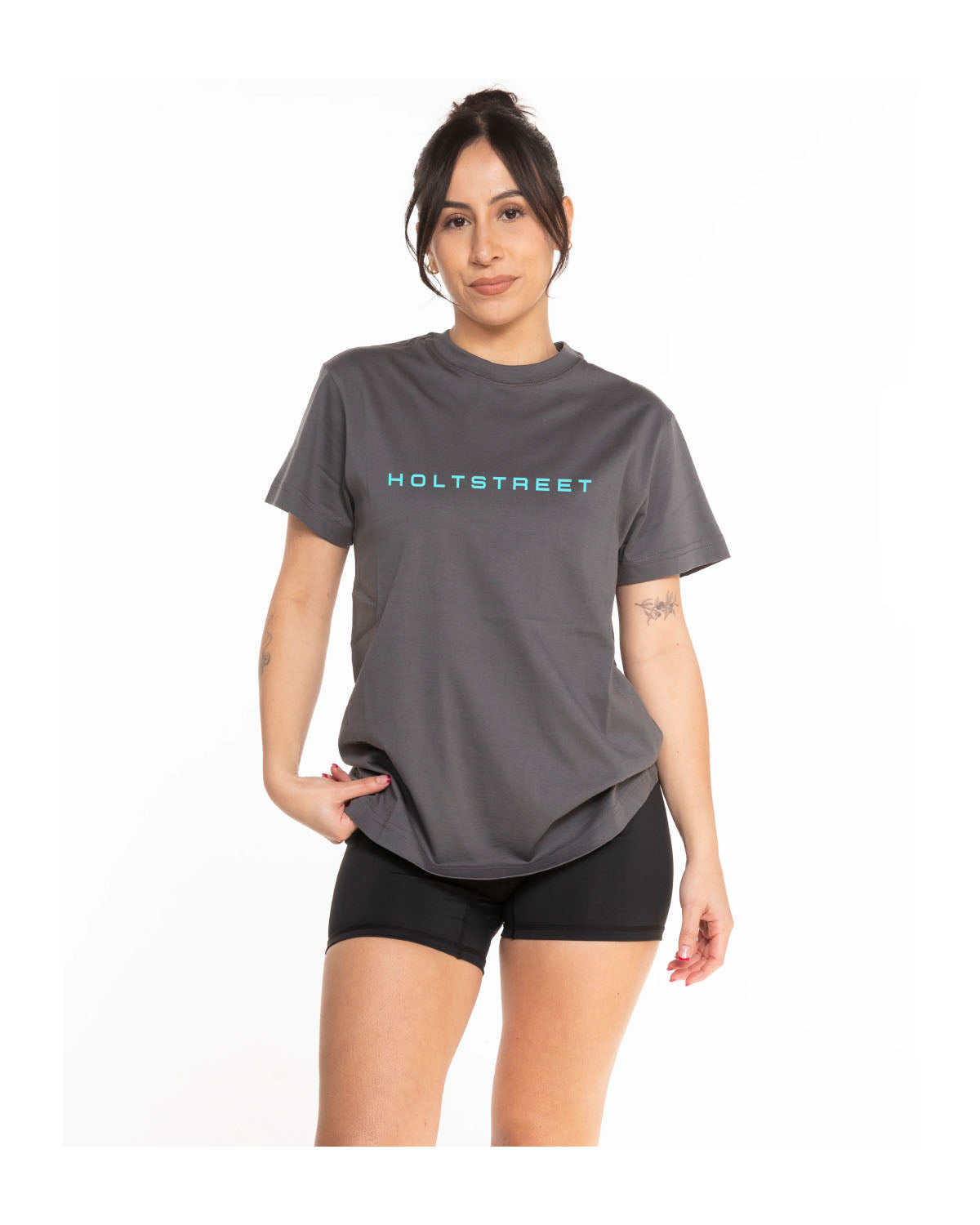 The Supima Short Sleeve - Slate - Holt Street - Center Chest - Printed - Tiffany Blue