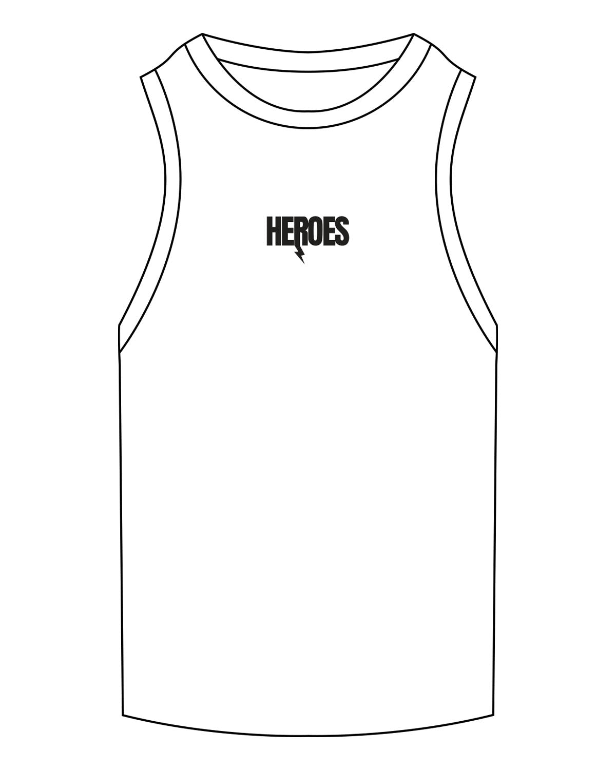 The Ribbed Full Length Tank - White - Heroes Fitness - Center Chest - Embroidered - Black
