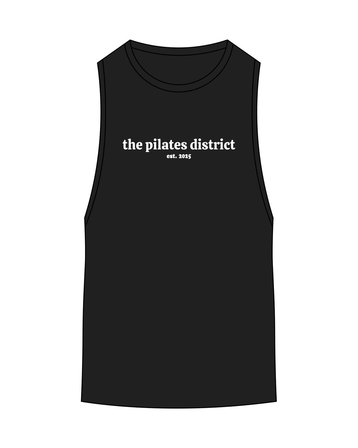 The Scoop Muscle Tank - Black - THE PILATES DISTRICT - Center Chest Stacked - Printed - White