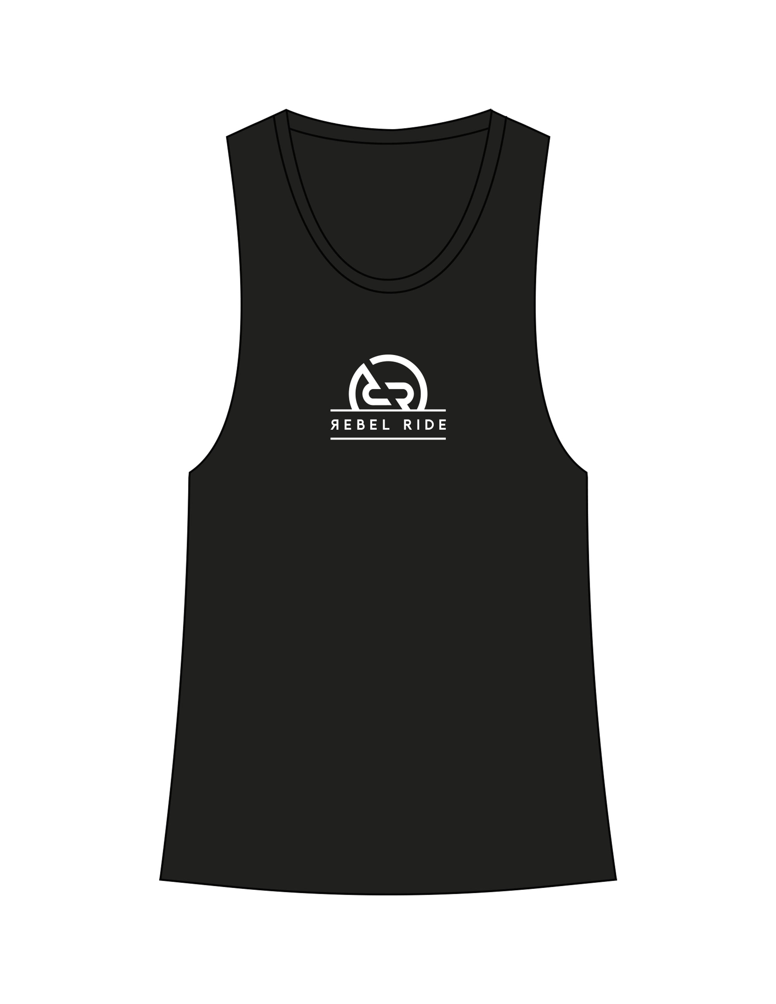 The Womens Racerback Tank - Black - Rebel Ride - Chest Stacked - Printed - White