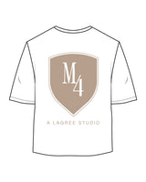 The Oversized Crop Tee - White - M4Lagree - Left Chest & Back Center Icon Stacked - Sand