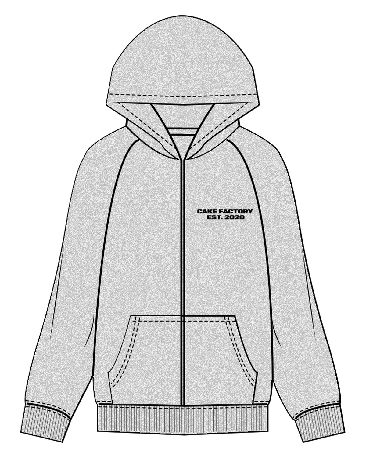 The Recycled Unisex Zip Hoodie - Heather - Cake Factory - Left Chest Stacked & Full Back - Black