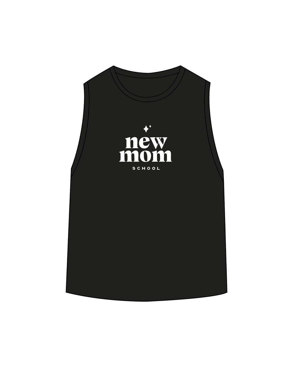 The Womens Classic Crop Tank - Black - New Mom School - Center Chest Stacked Logo & Back Neckline - Printed - White