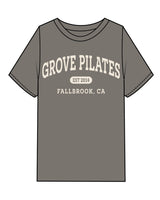 The Womens Heavyweight Tee - Washed Gray - Grove Pilates - Center Chest Stacked & Back Neckline - #f0e7d9