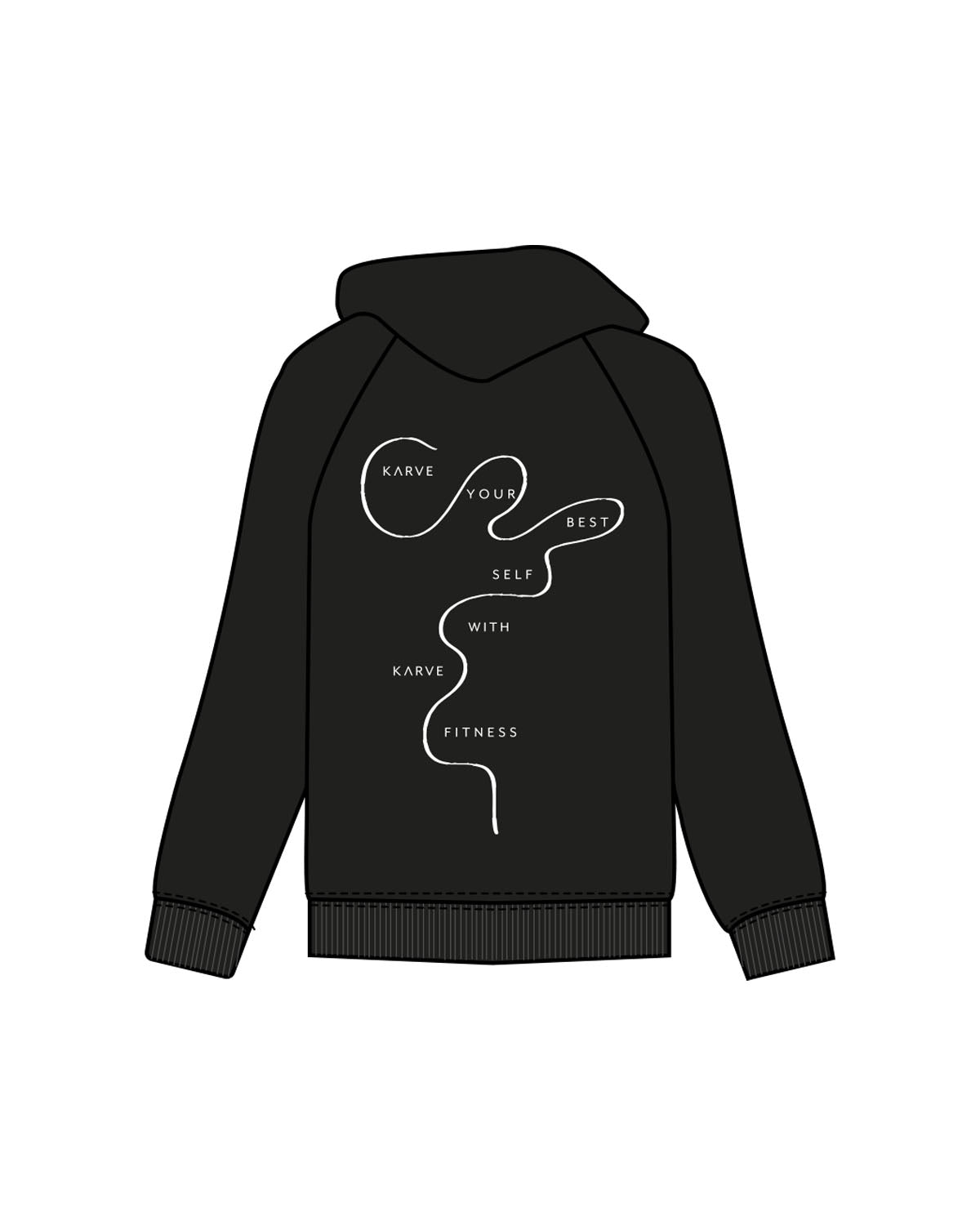 The Womens Zip Hoodie - Black - Karve - Left Chest , Right Chest & Center Back Logo - Printed - White