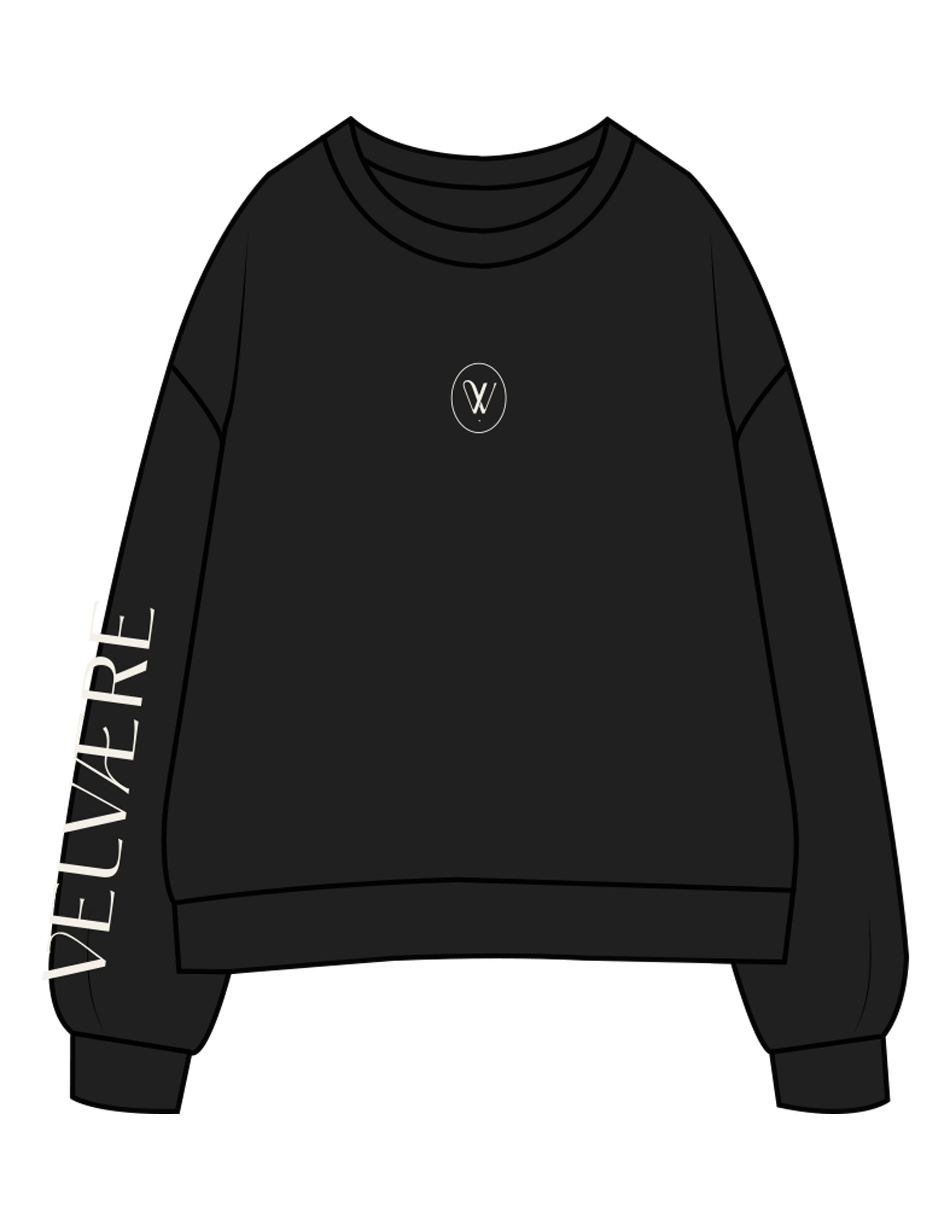 The Womens Crewneck - Black - Velvaere - Center Chest Oval & Right Sleeve - Printed - Off White