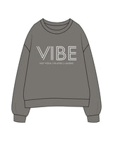 The Womens Crewneck - Washed Gray - Vibe Hot Yoga & Pilates - Center Chest Stacked - Printed - White