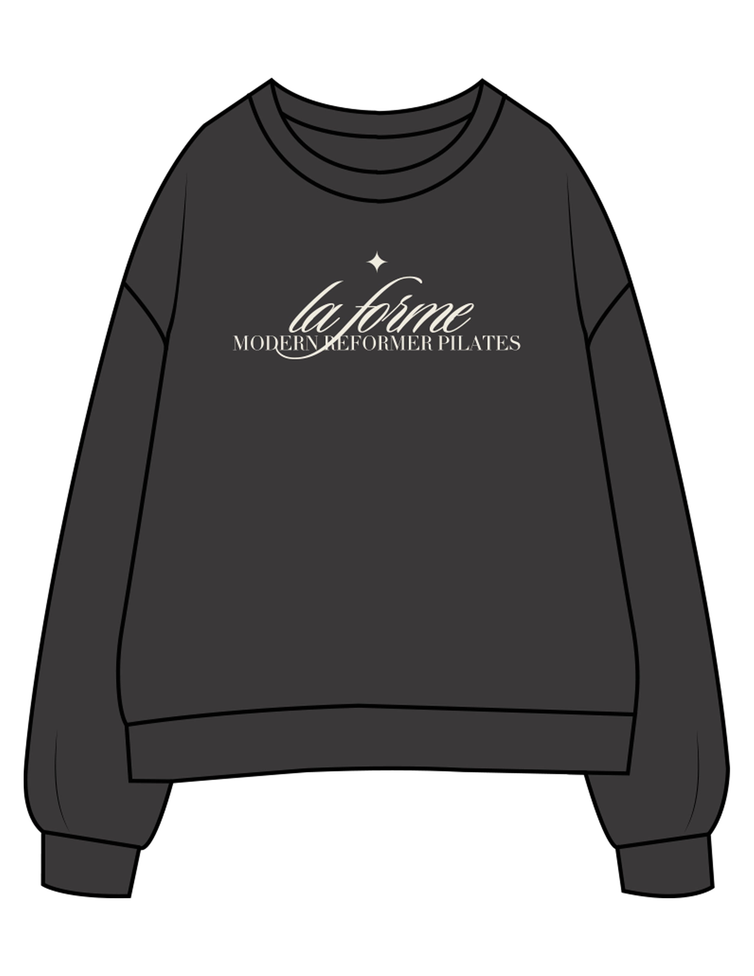 The Womens Crewneck - Washed Black - LA FORME PILATES - Center Chest Stacked - Printed - Off White