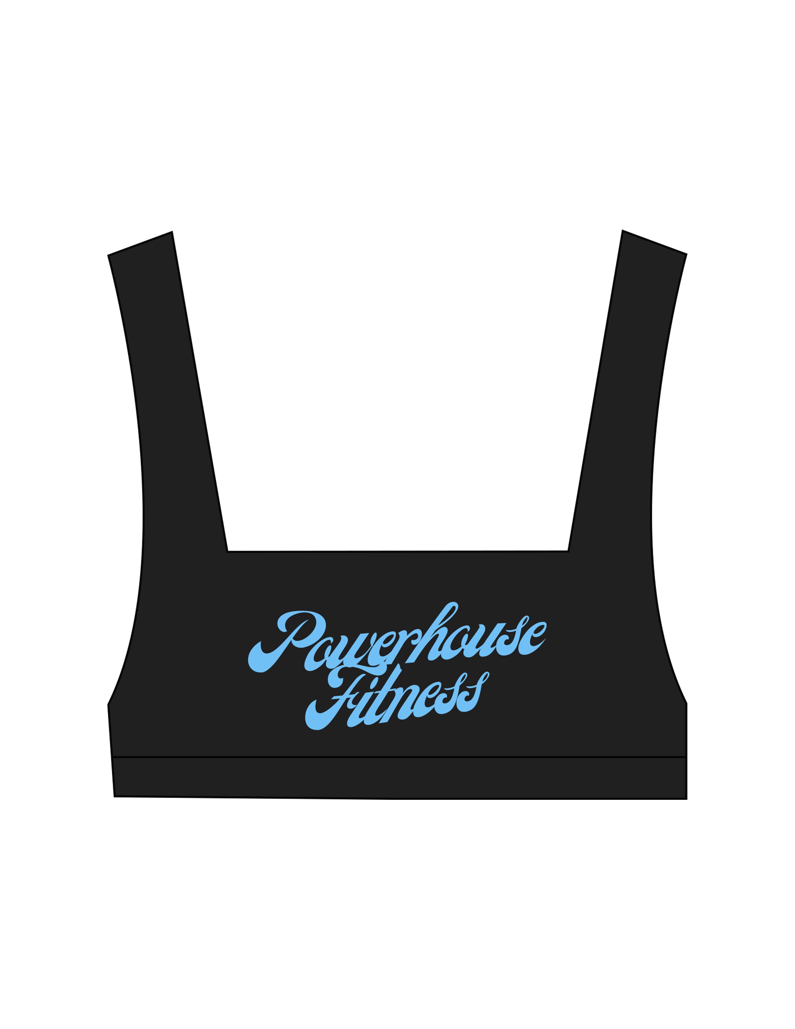 The Box Cut Bra - Black - Powerhouse Fitness - Center Chest Stacked - Printed - Blue