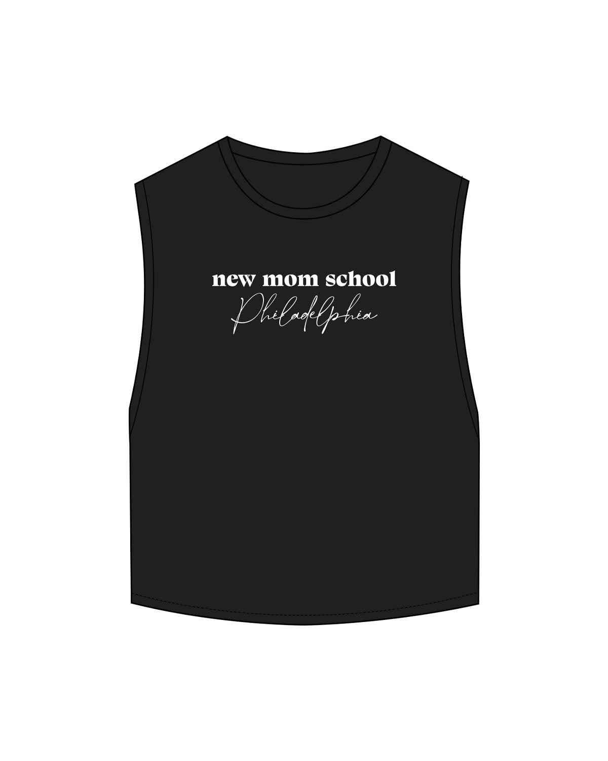 The Crop Muscle Tank - Black - New Mom School - Center Chest Stacked - Printed - White